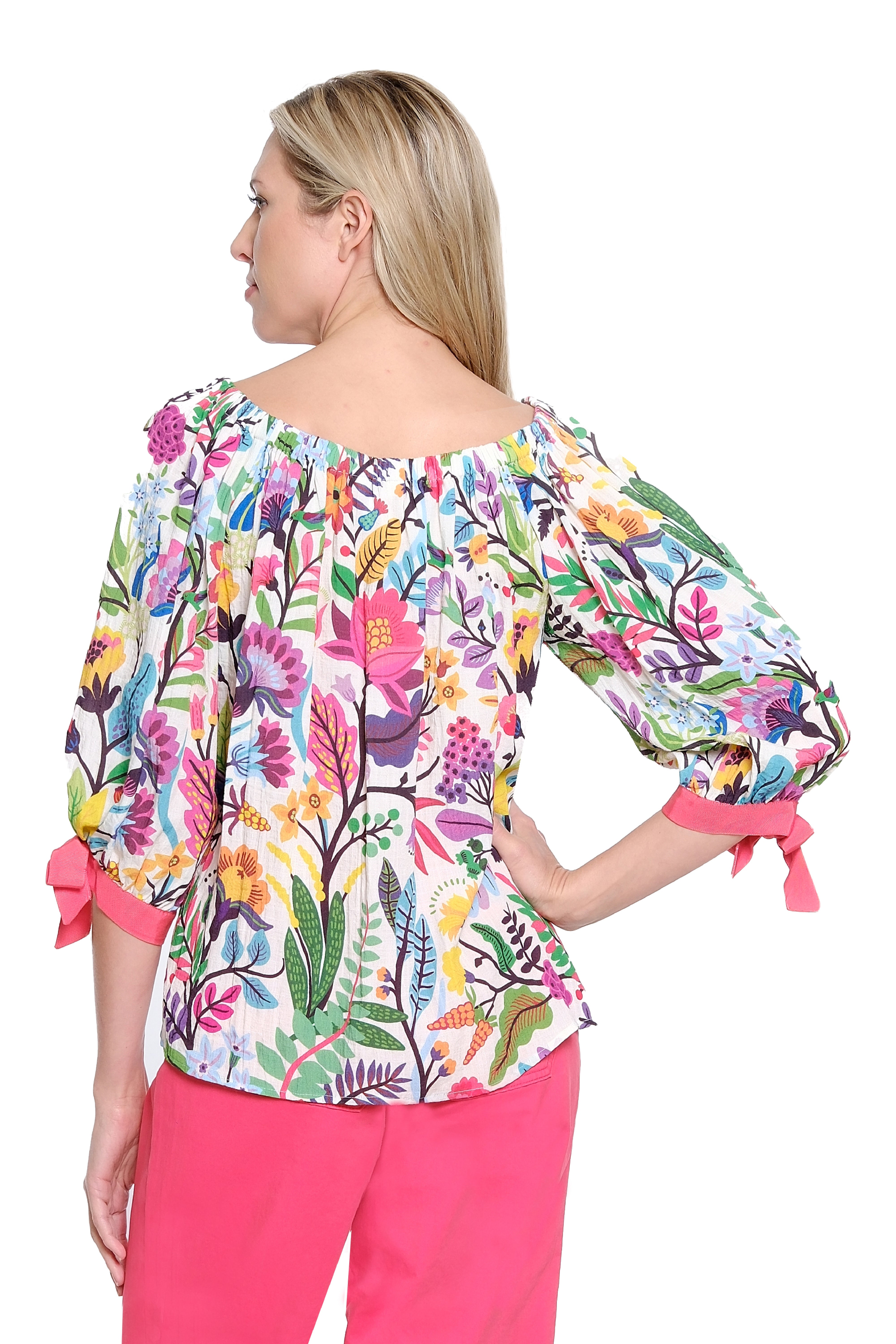Tie Sleeve Elastic Neck Print Top - Multi