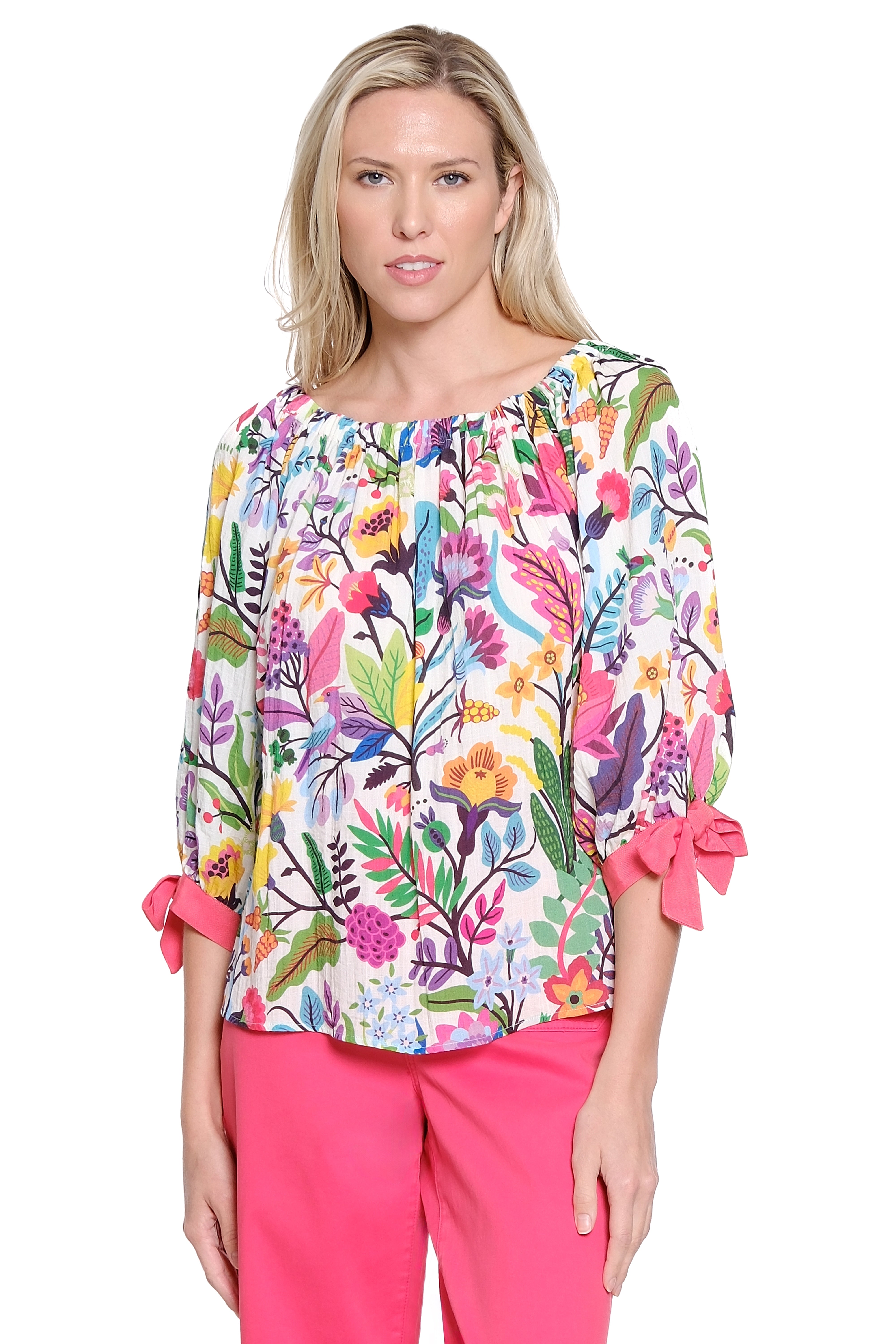 Tie Sleeve Elastic Neck Print Top - Multi