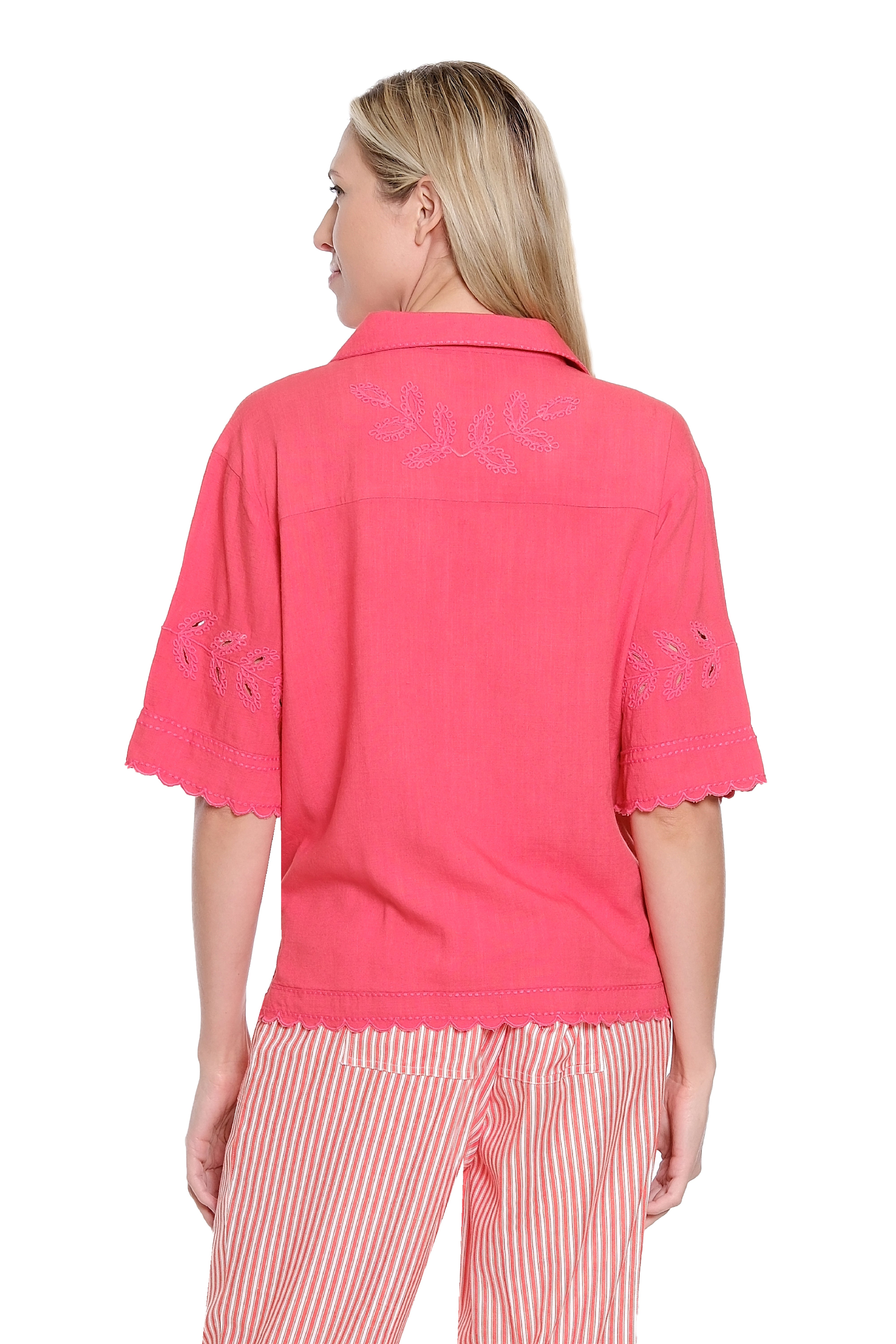 Cord Embroidery Pullover with Scallop Edge - Tomato Red