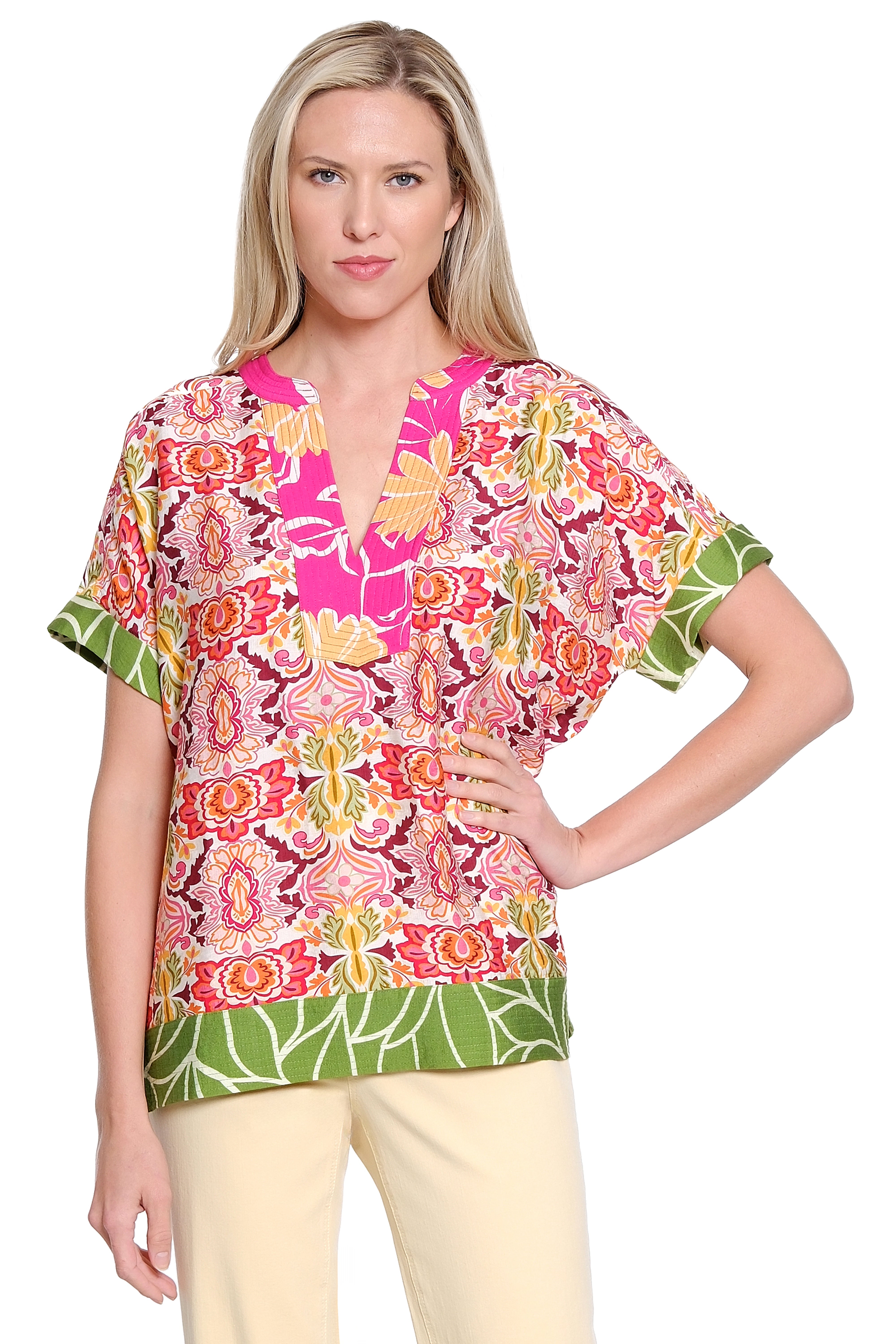 Mixed Print Split Neck Top - Multi