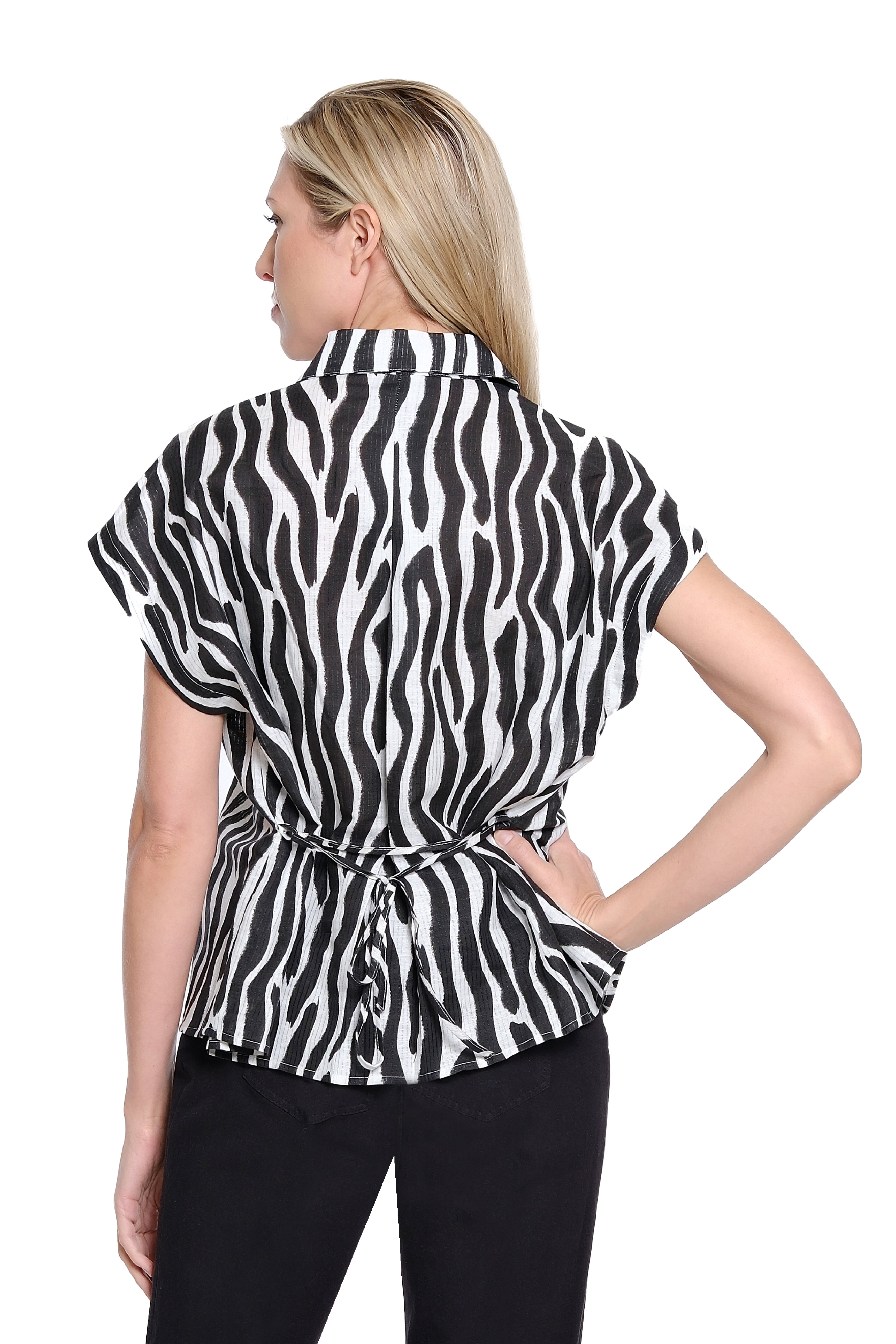 Printed V-Collar Button Up Tie Front Top - Zebra Print