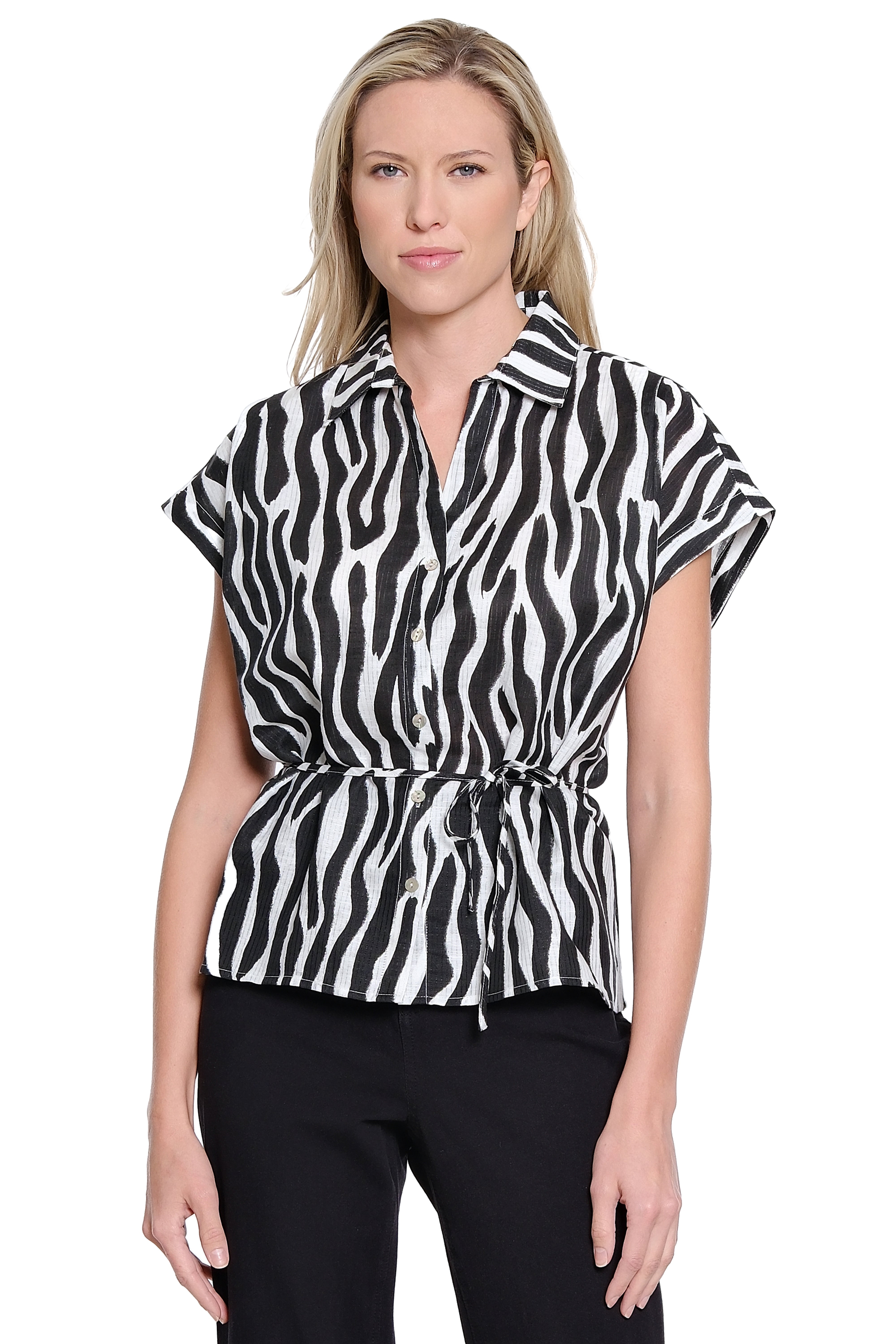 Printed V-Collar Button Up Tie Front Top - Zebra Print