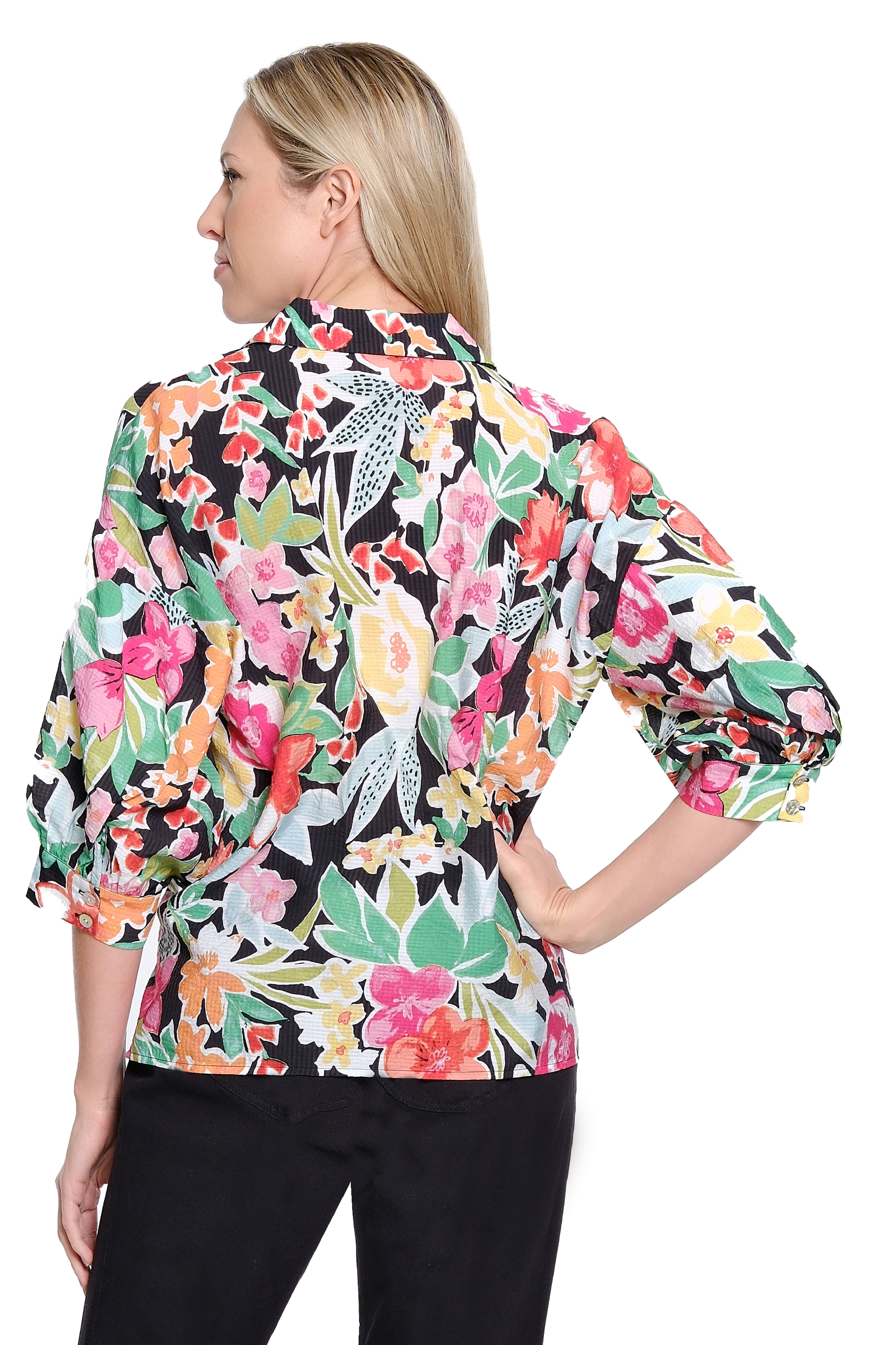 Button Front Print Shirt Balloon Sleeve - Multi
