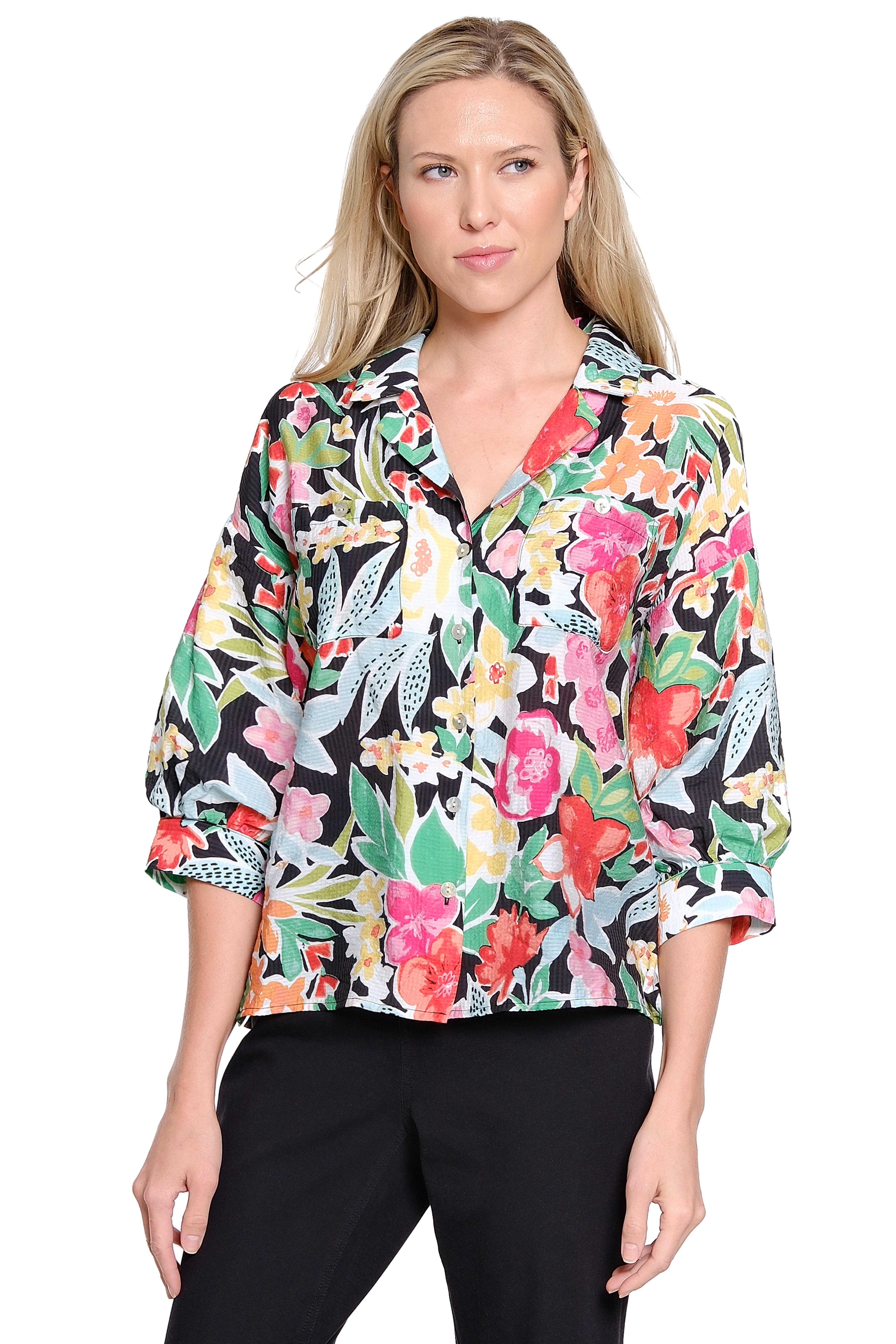 Button Front Print Shirt Balloon Sleeve - Multi