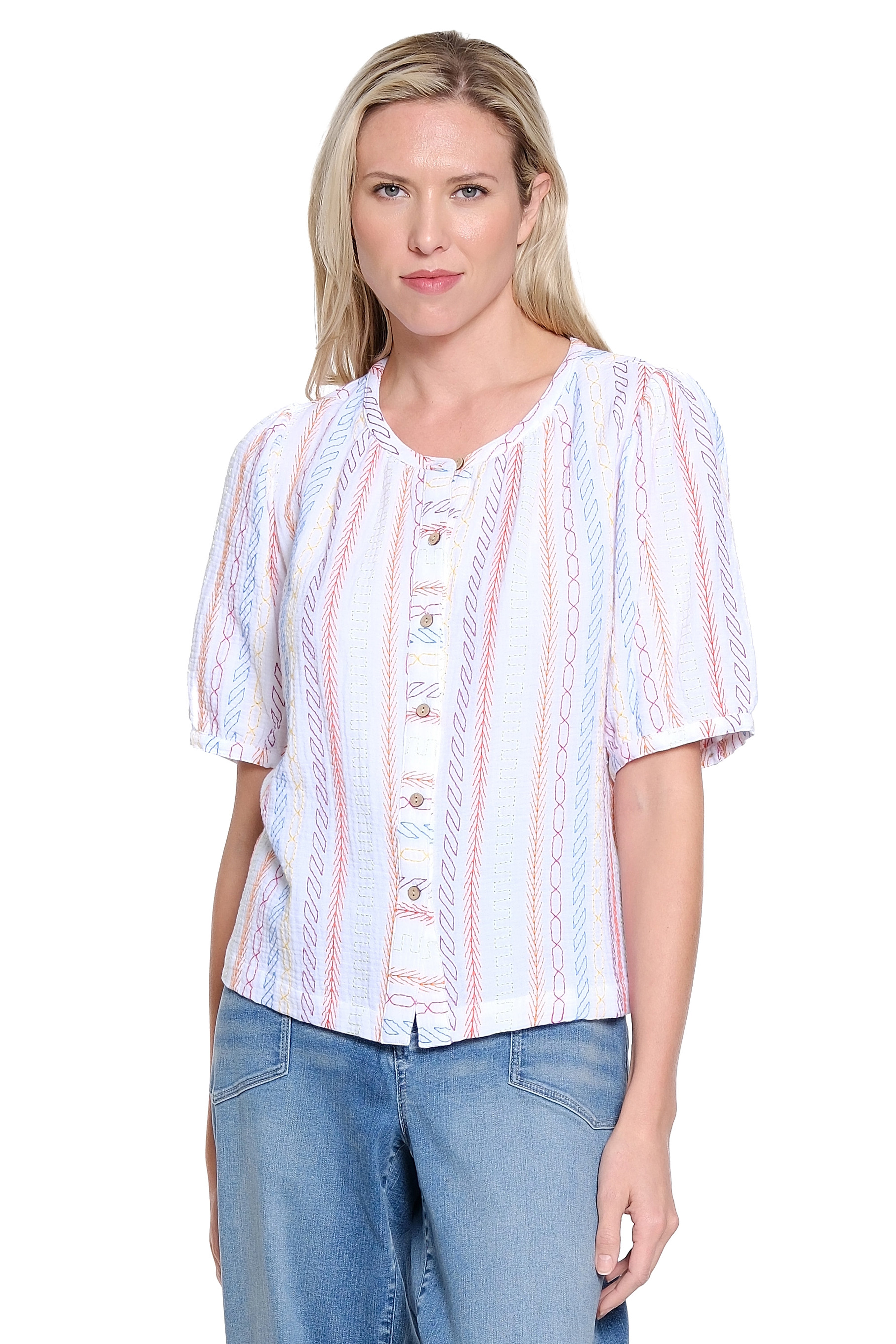 Embroidered Stripe Button Up Shirt - Multi
