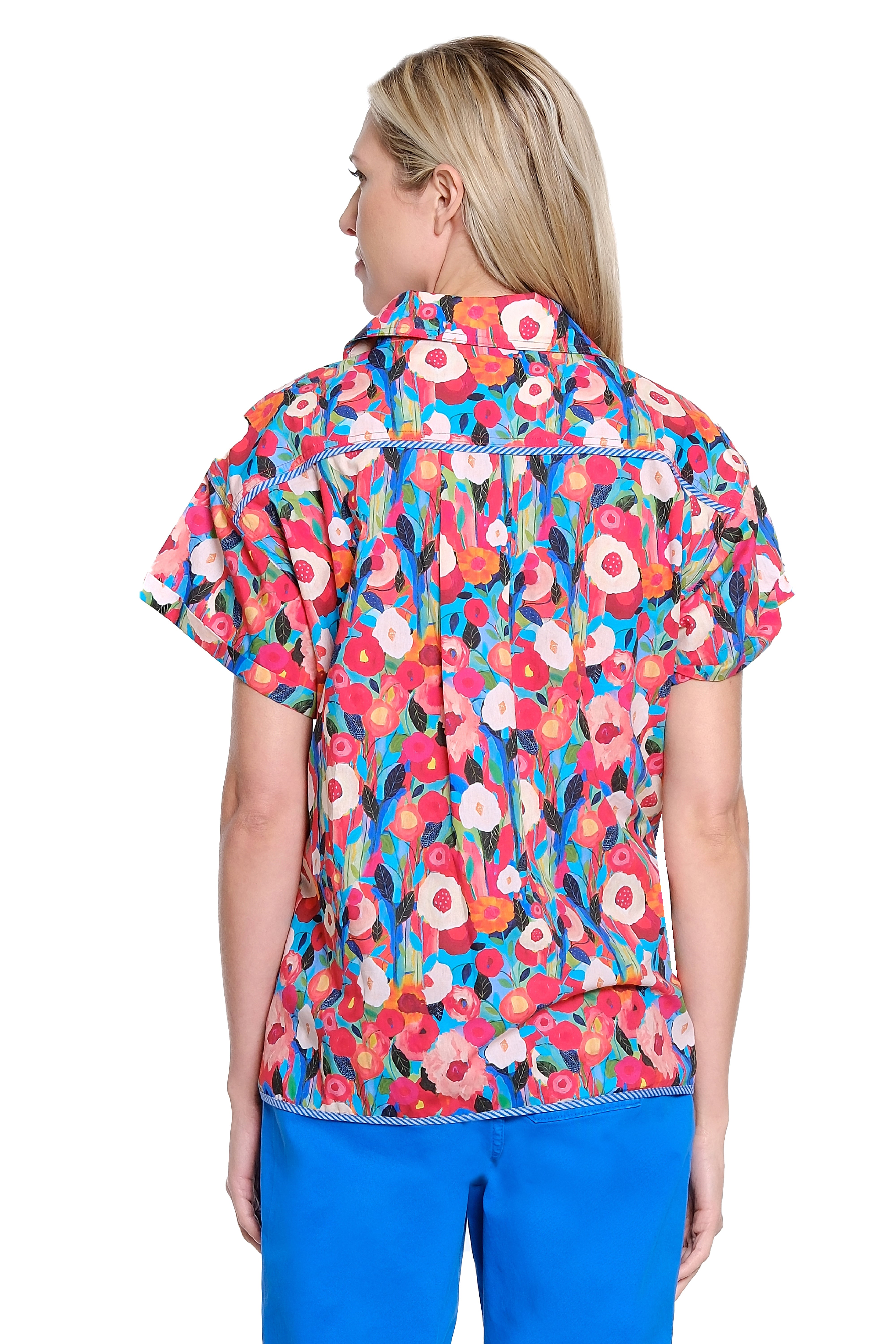 Printed Button Front Shirt Stripe Trim - Floral Multi