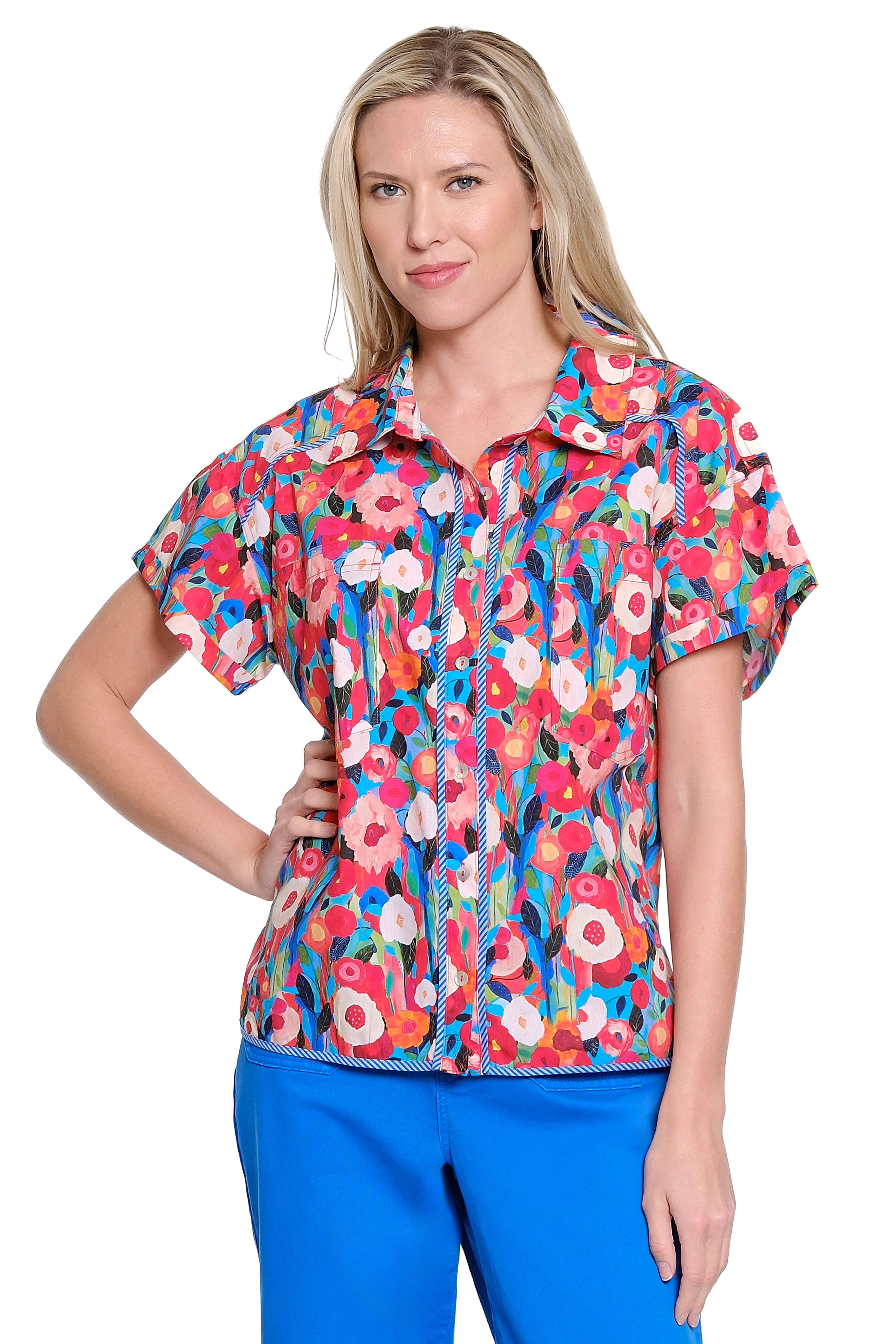 Printed Button Front Shirt Stripe Trim - Floral Multi