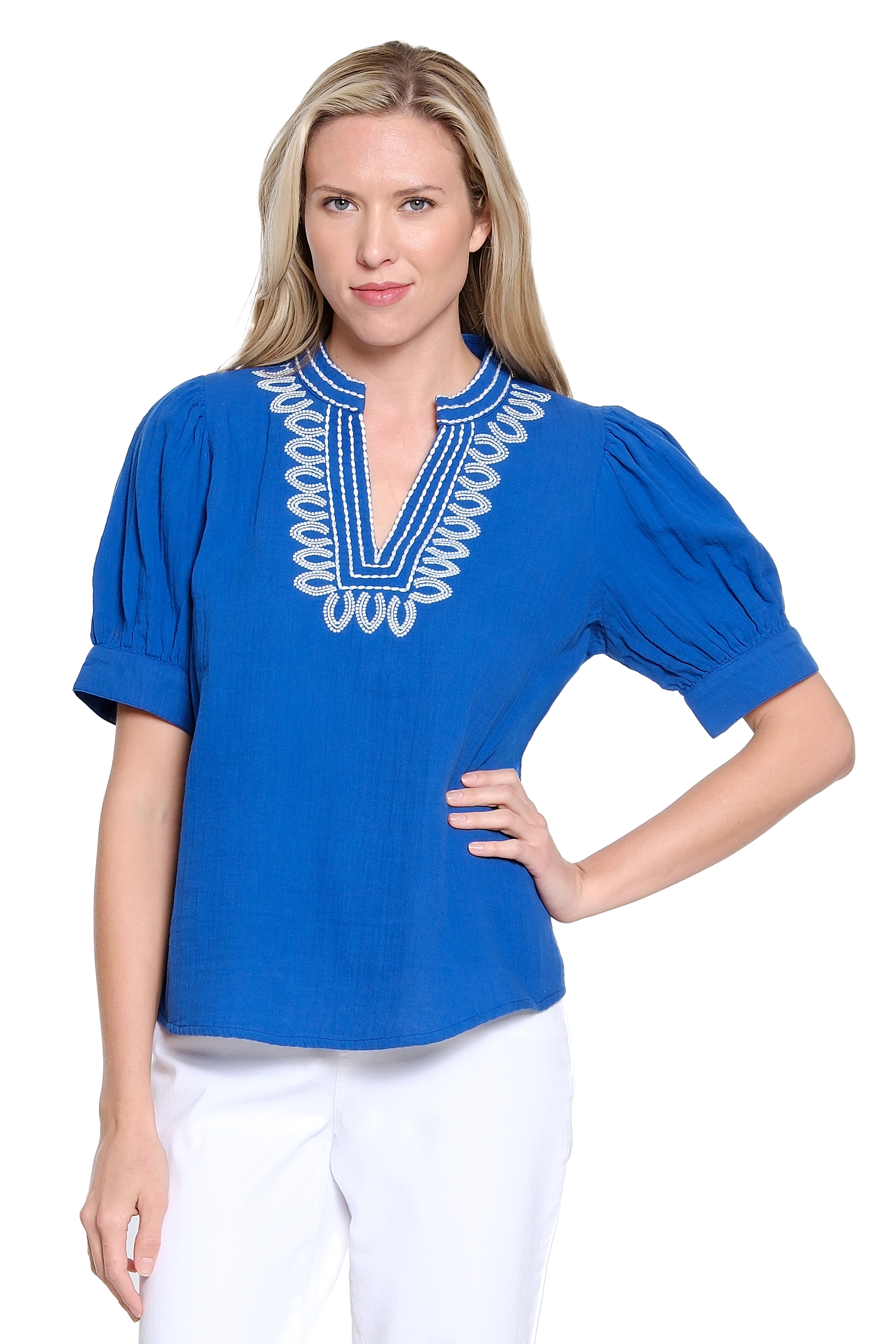 Stand Collar Split Neck Embroidered Top - Rich Blue