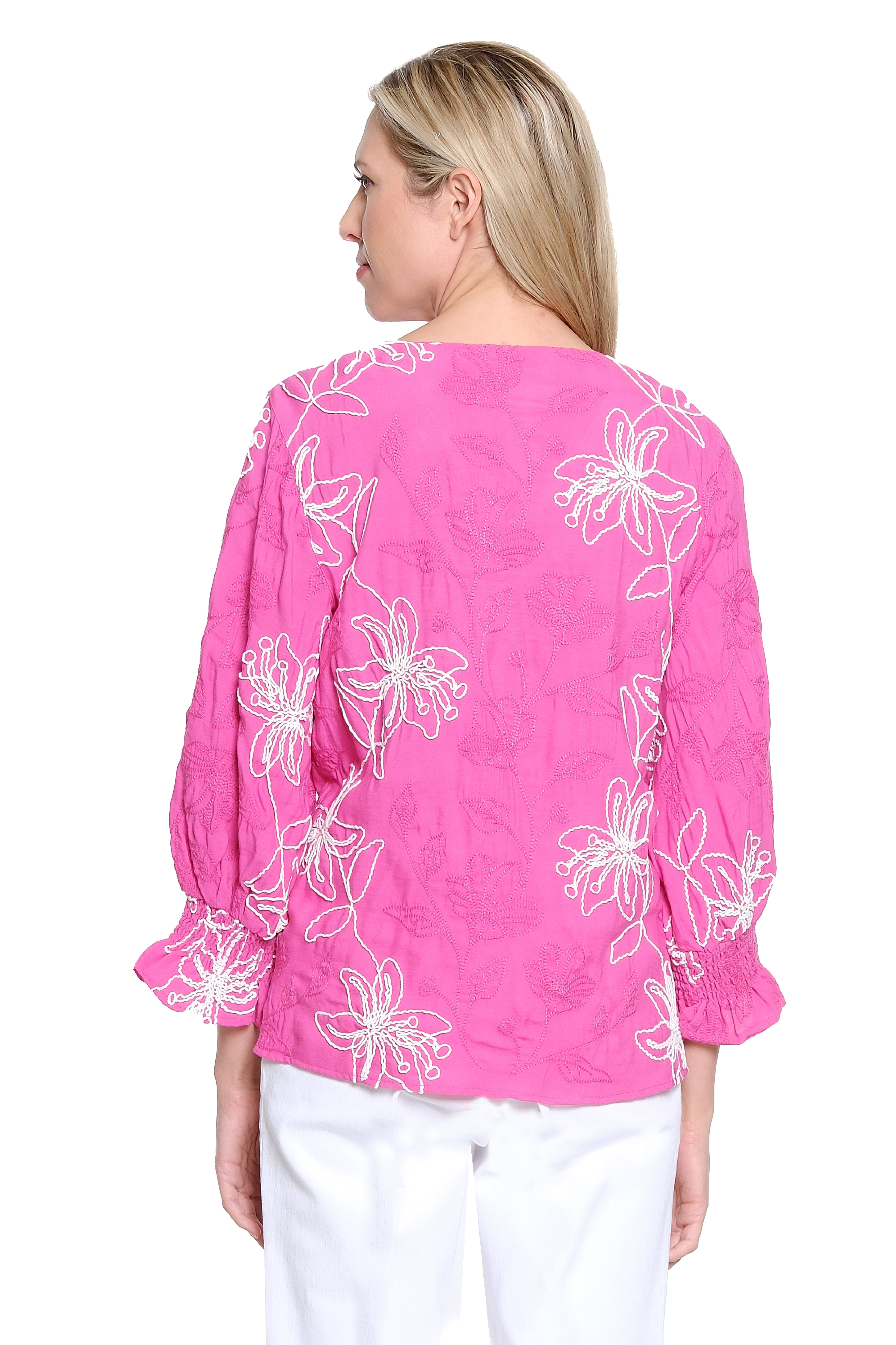 Smocked Cuff V-Neck Embroidered Top - Fuchsia