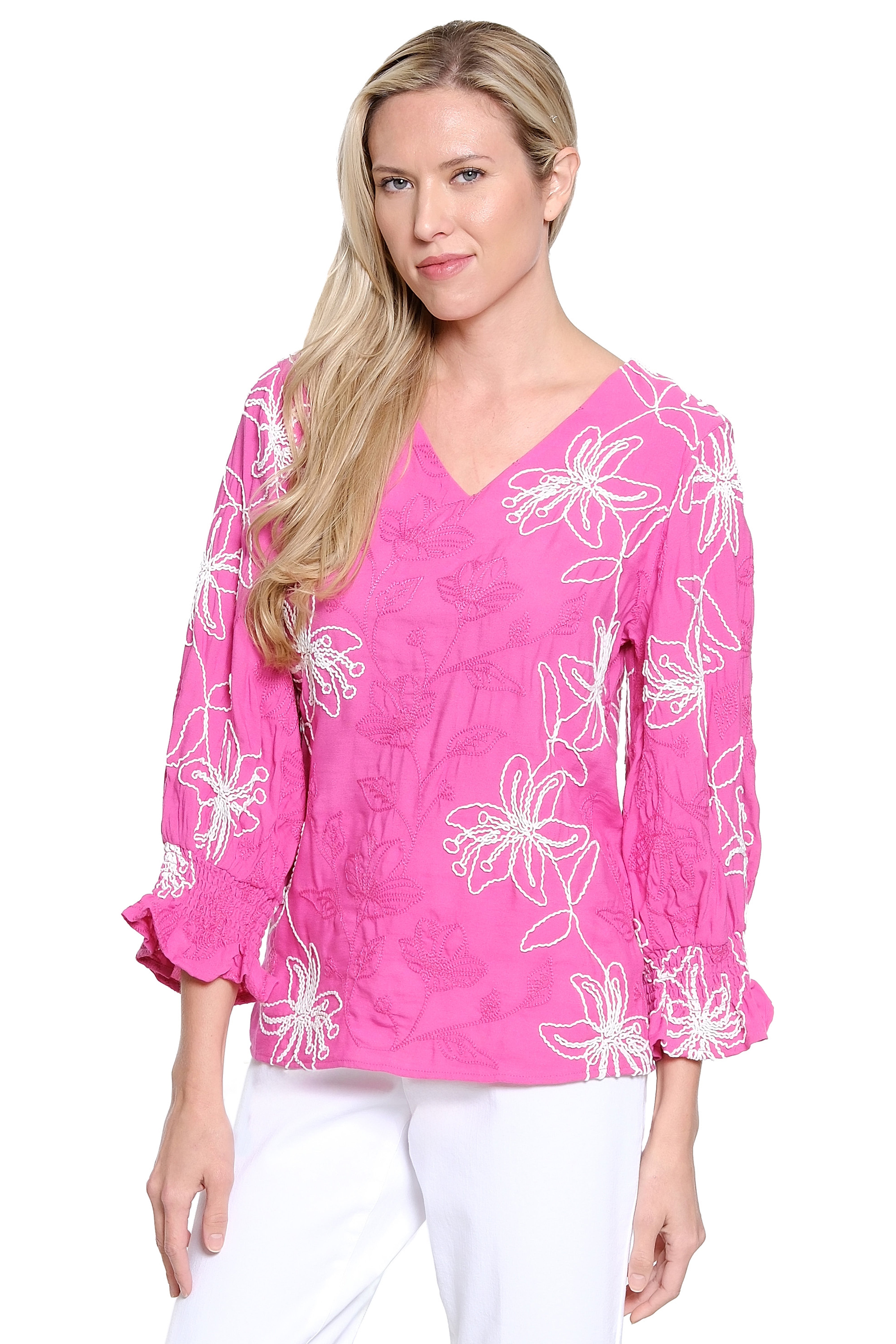 Smocked Cuff V-Neck Embroidered Top - Fuchsia
