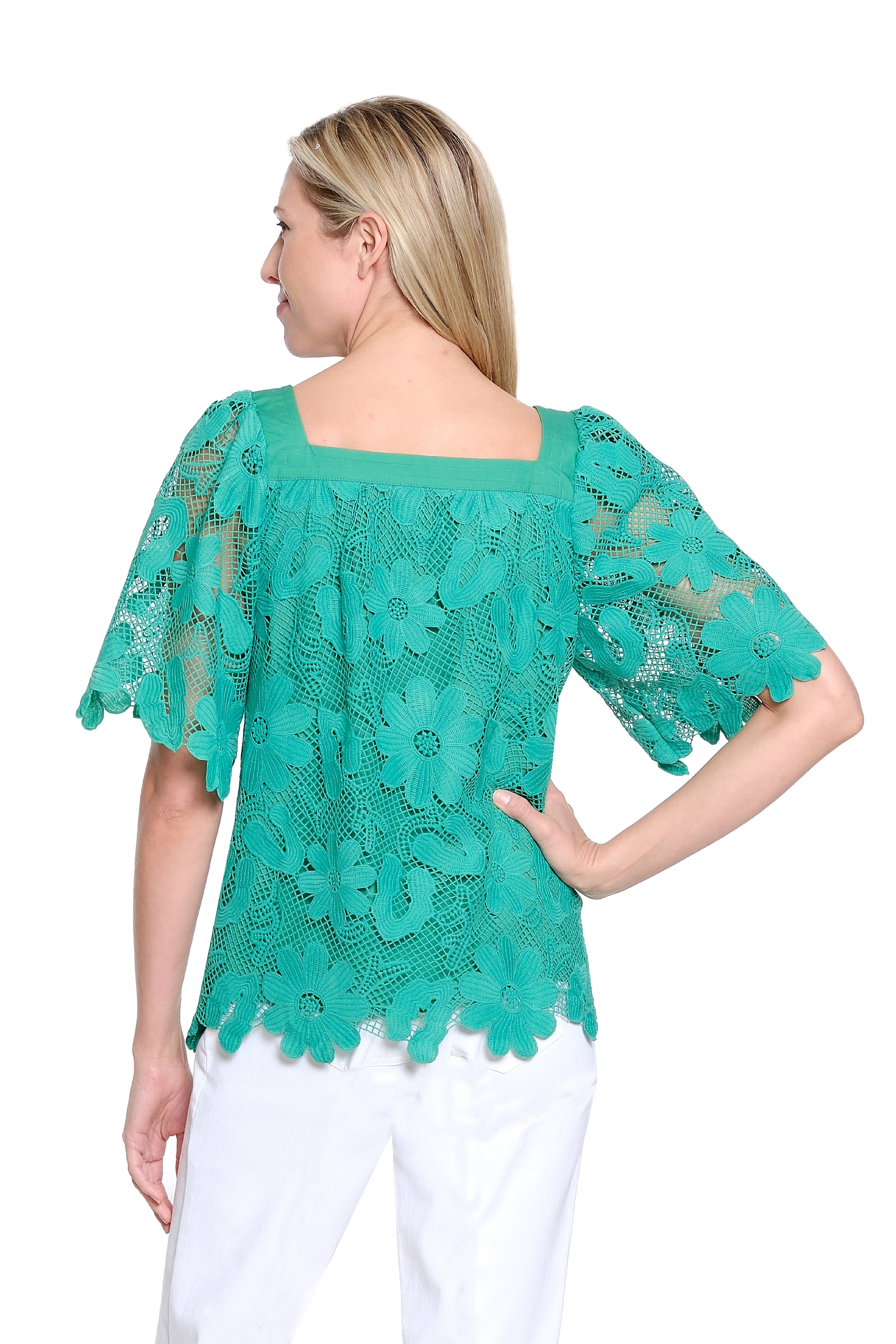 Square Neck Lace Peasant Top - Green