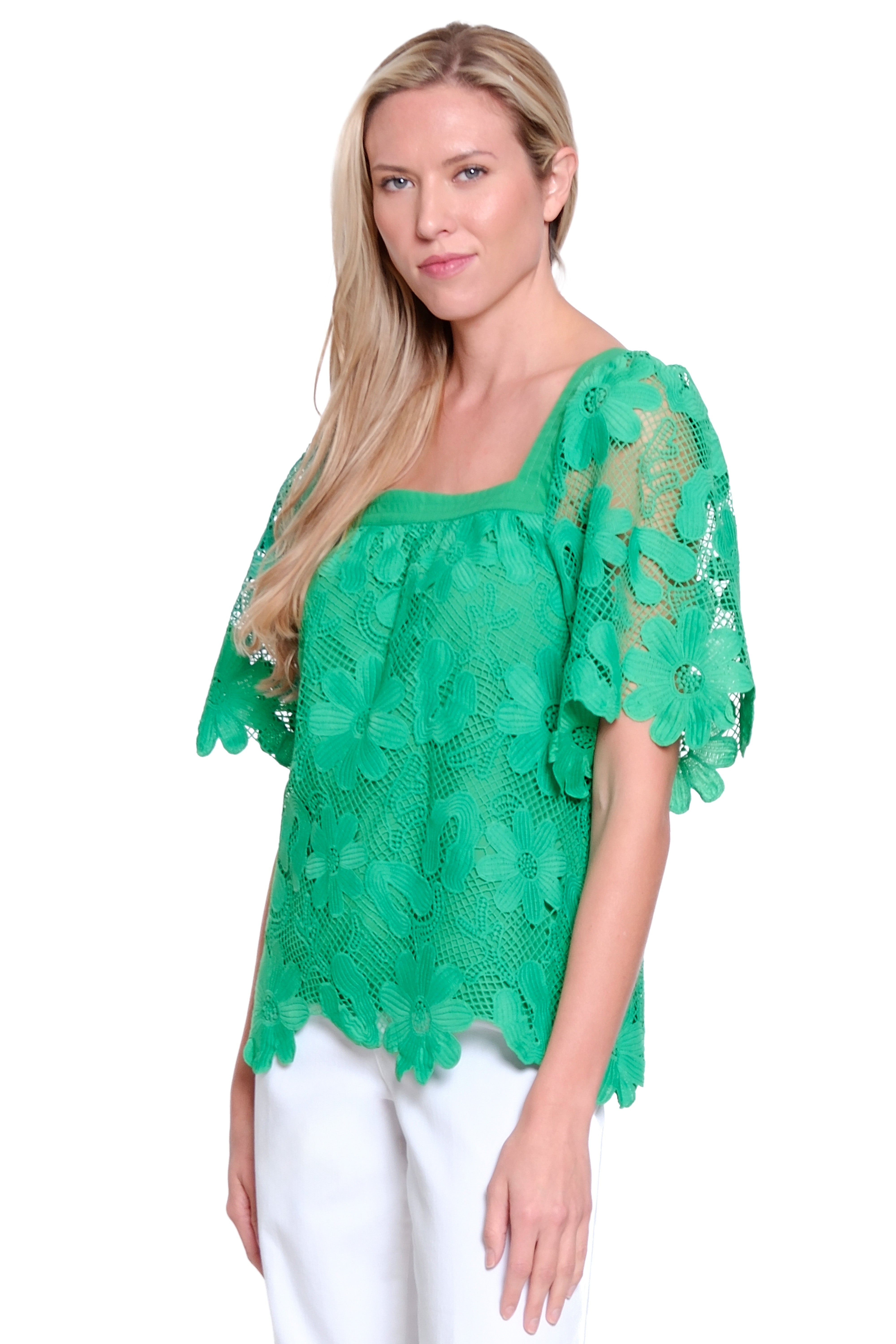 Square Neck Lace Peasant Top - Green
