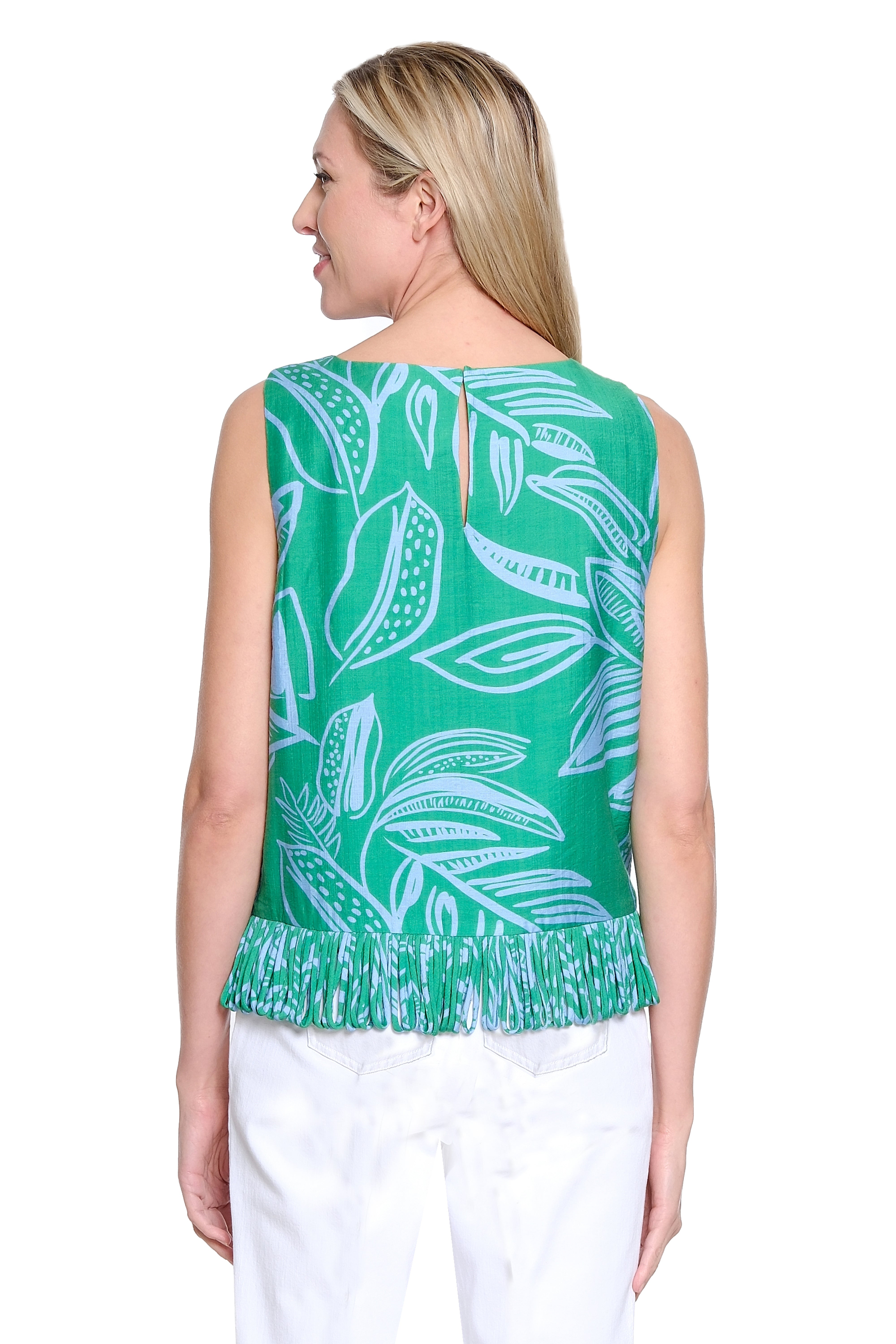 Printed Shell Loop Fringe Trim Top - Green