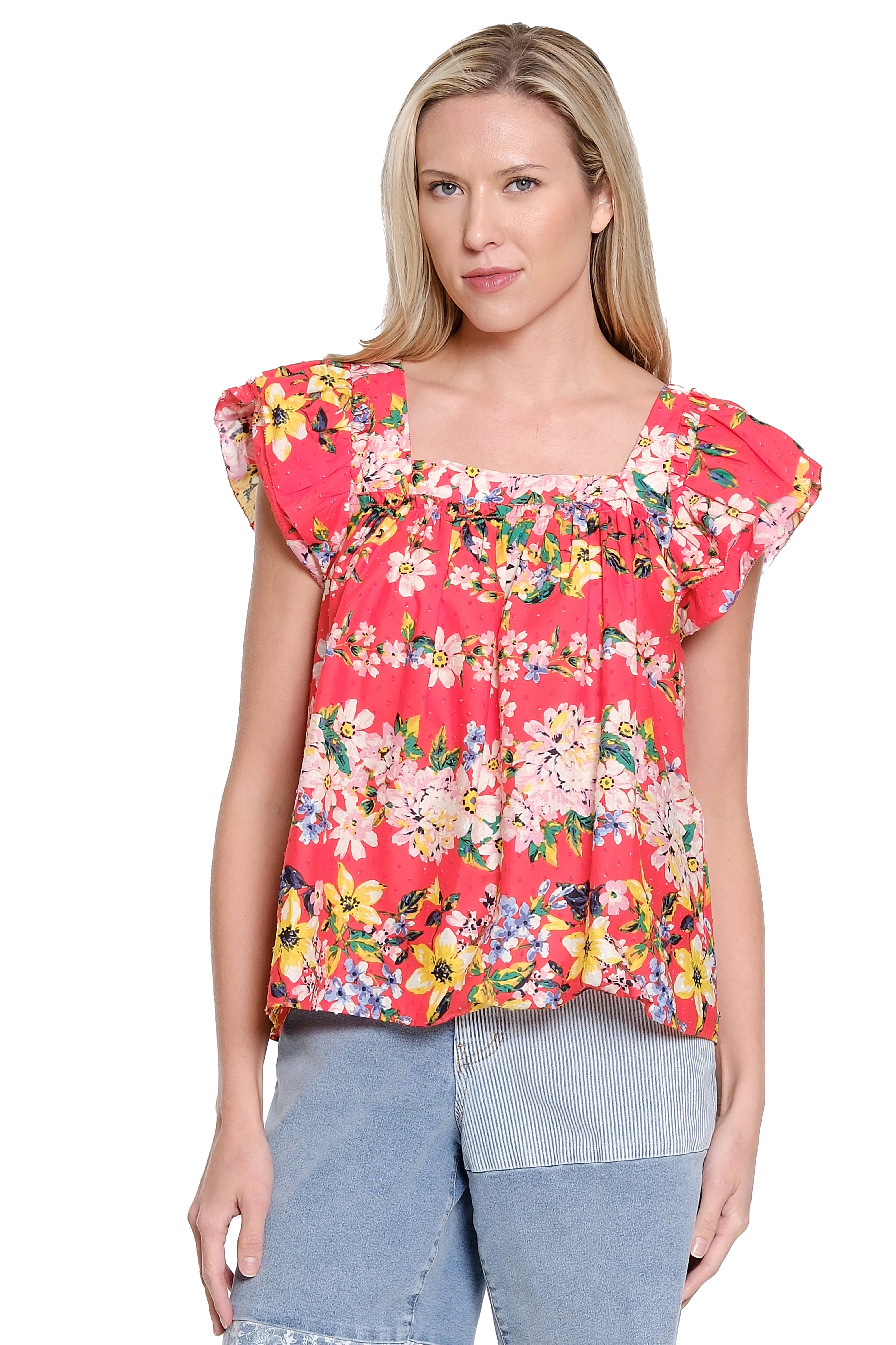 Printed Square Neck Peasant Top - Red