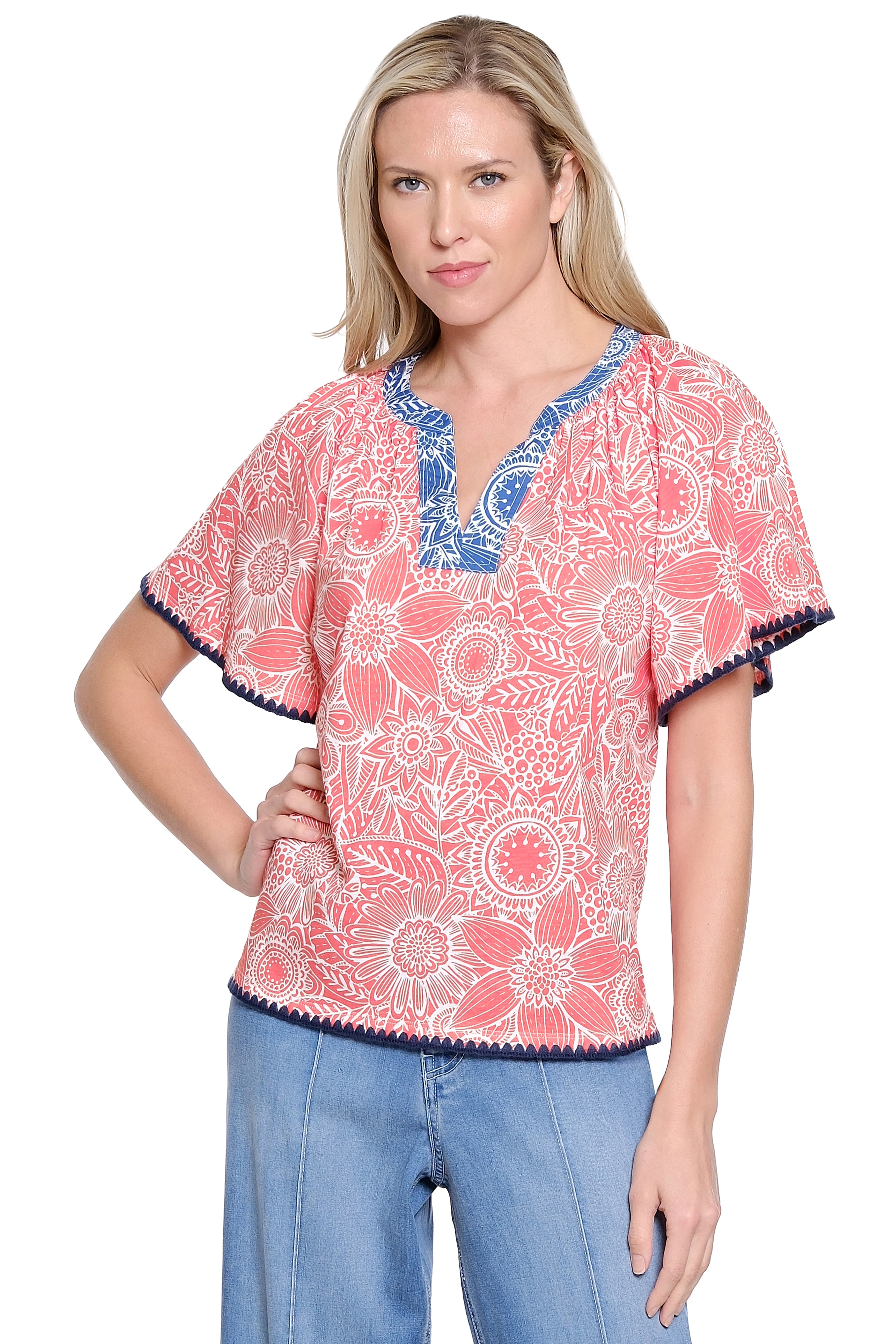 Printed Split Neck Knit Top with Woven Trim - Red