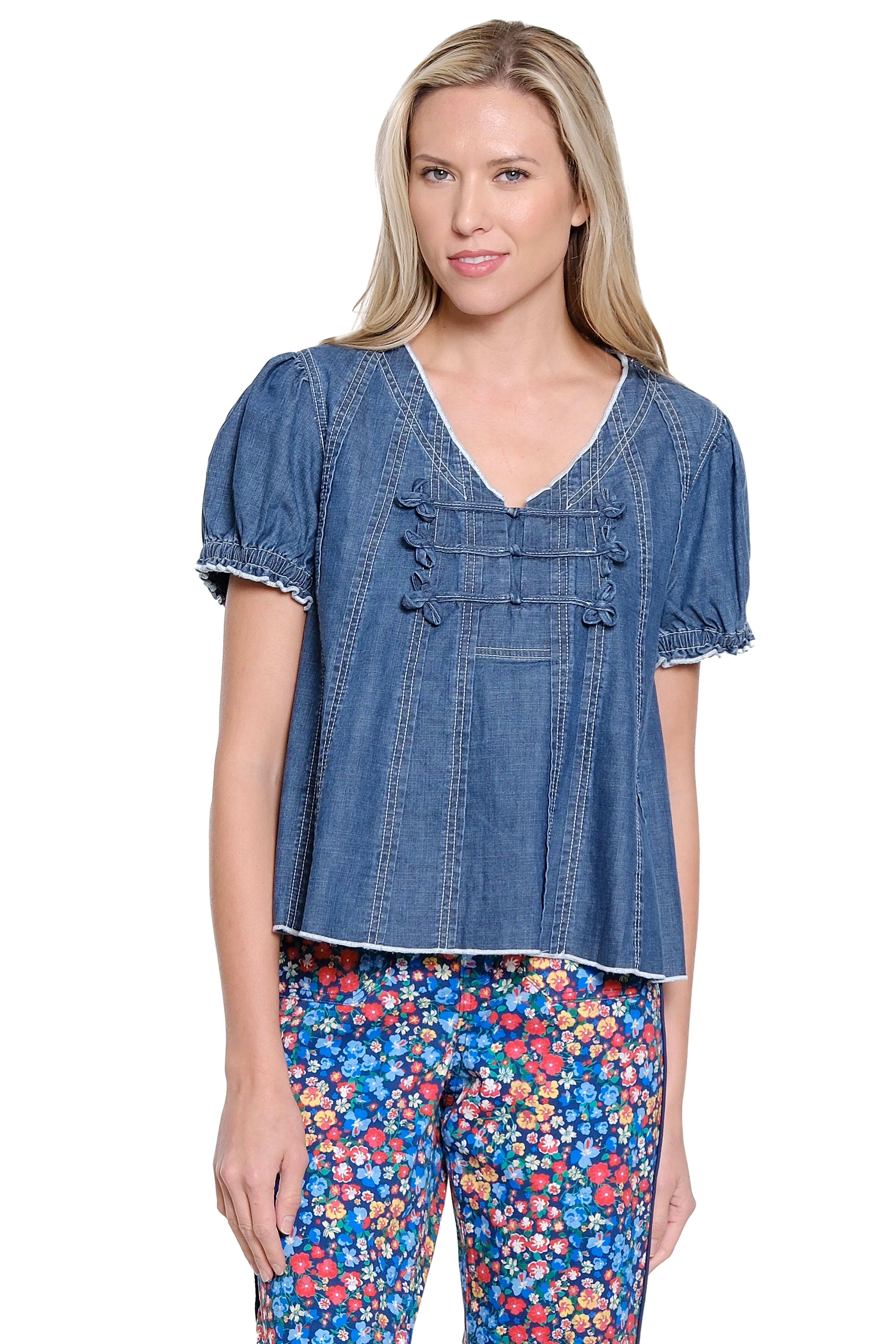 V-Neck Denim Swing Top - Medium Indigo