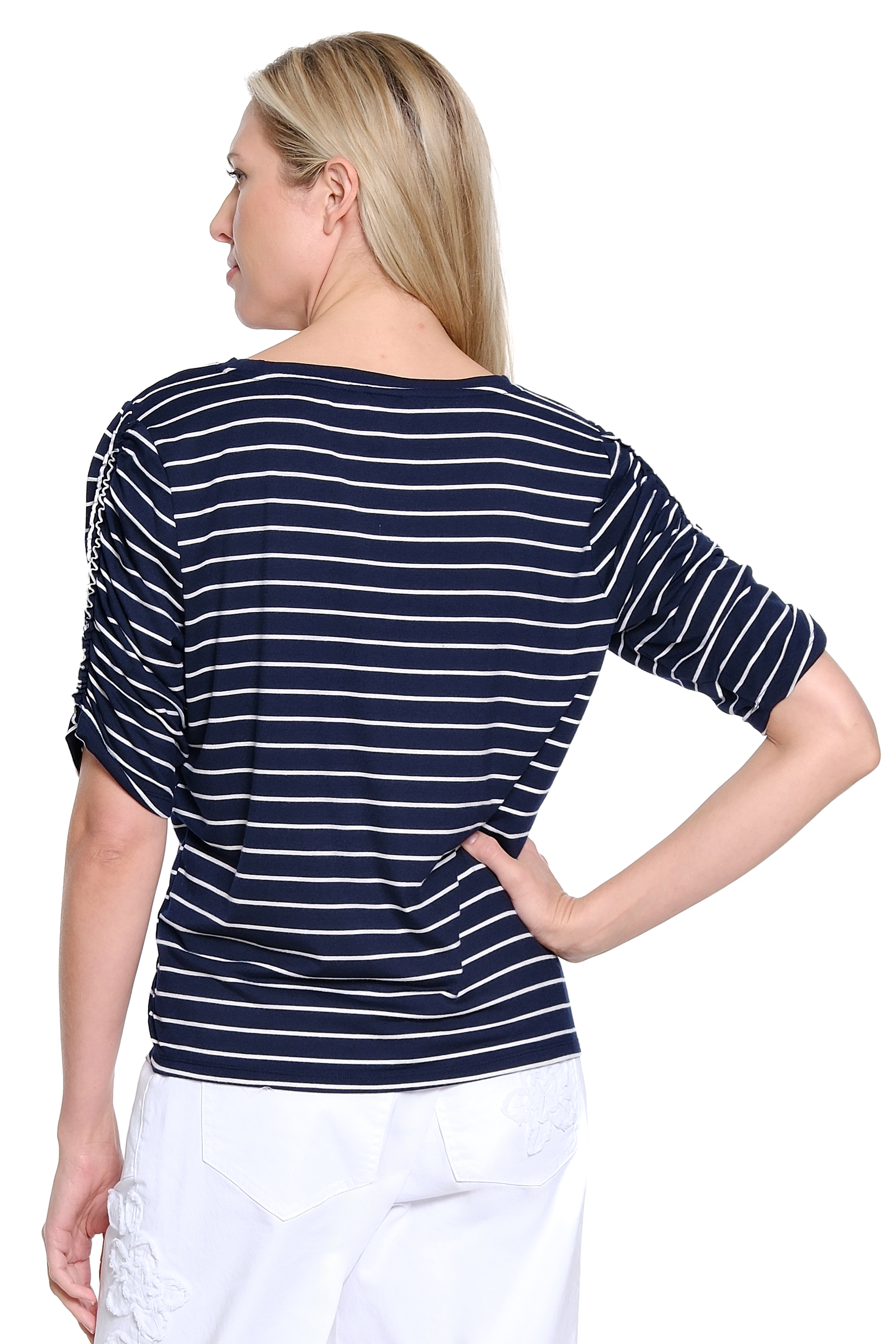 Stripe Knit Top with Ruched Sleeves - Navy Stripe