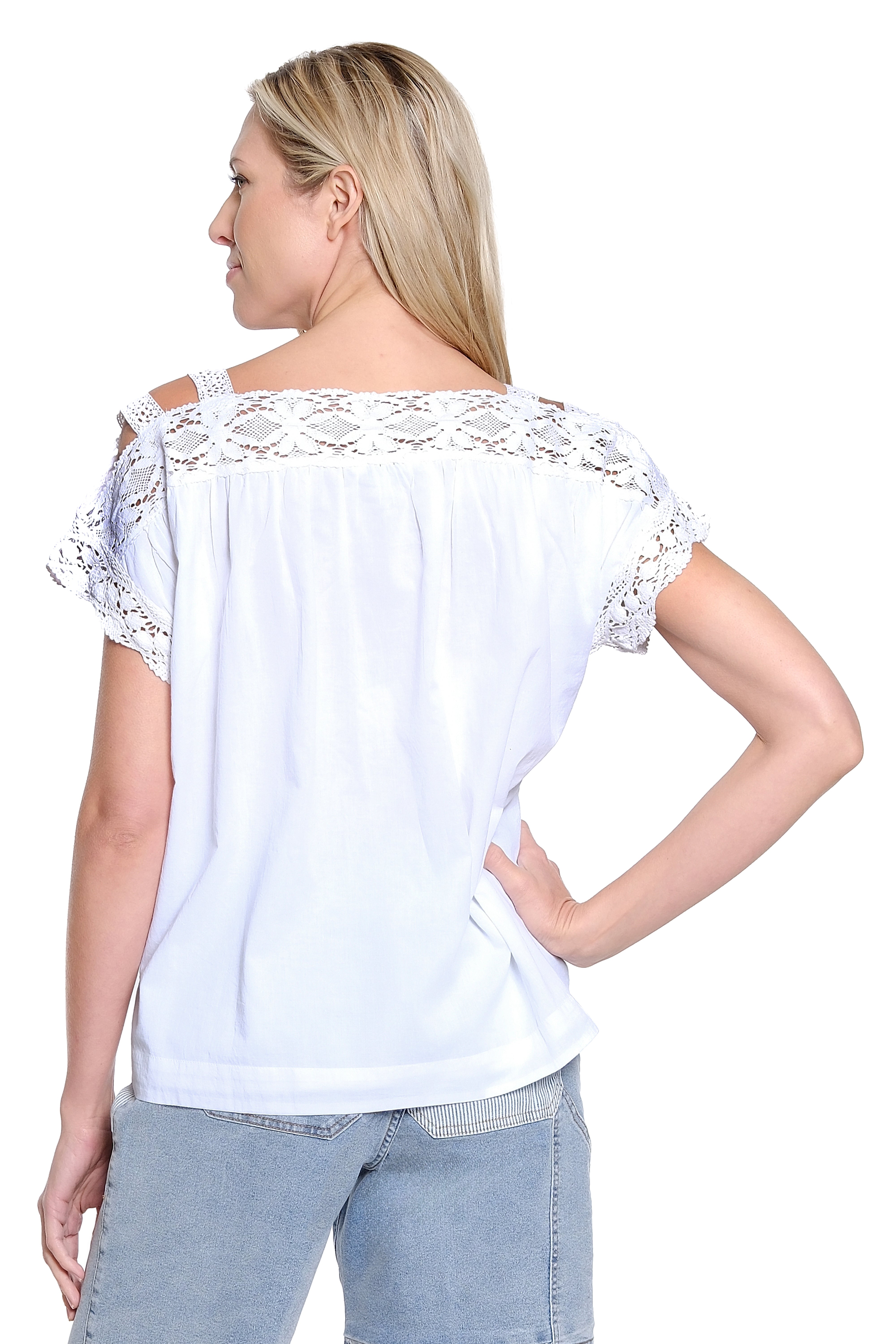 Lace Trim Cut Out Shoulder Top - White