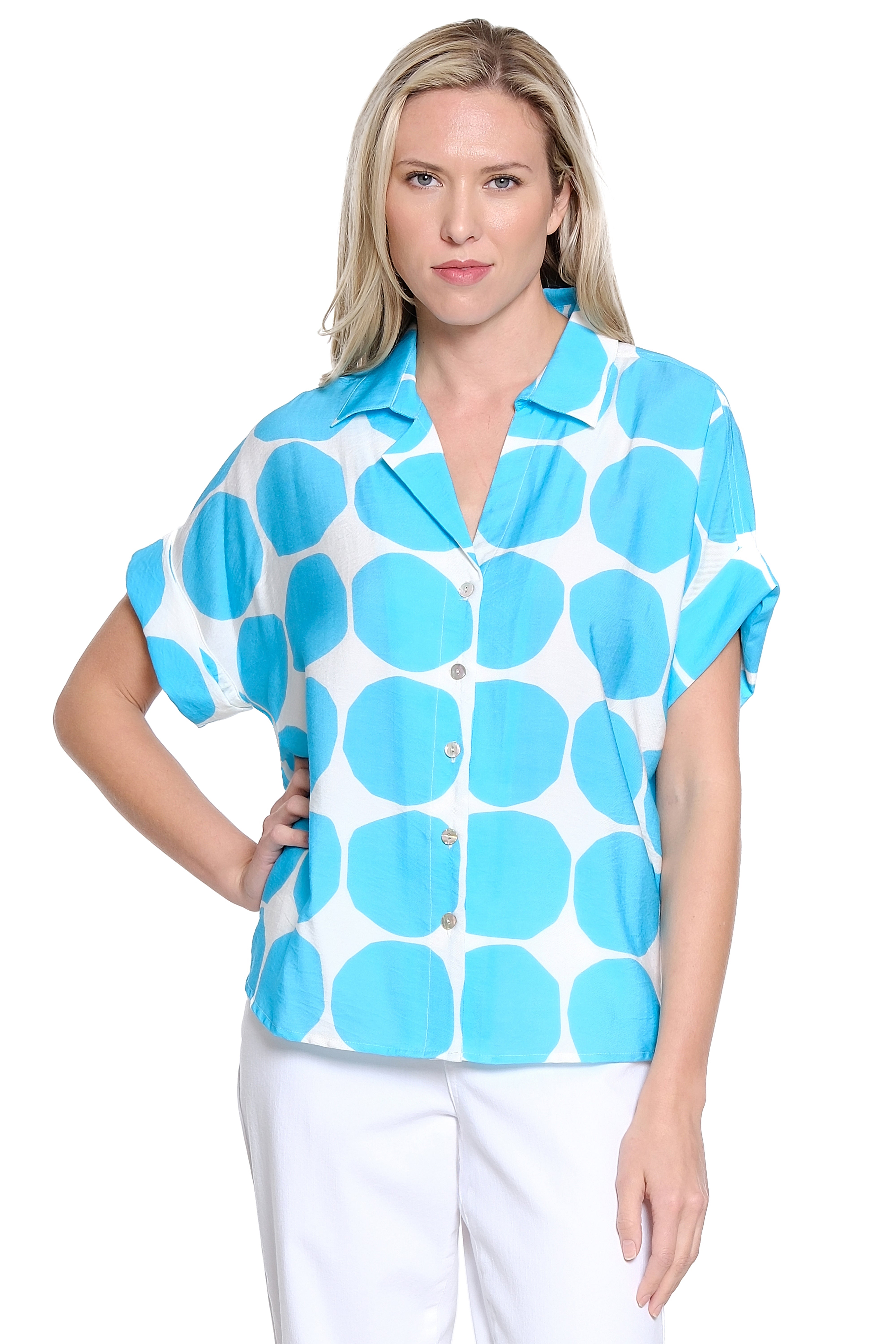 Button Front Campshirt - Teal Dots Print