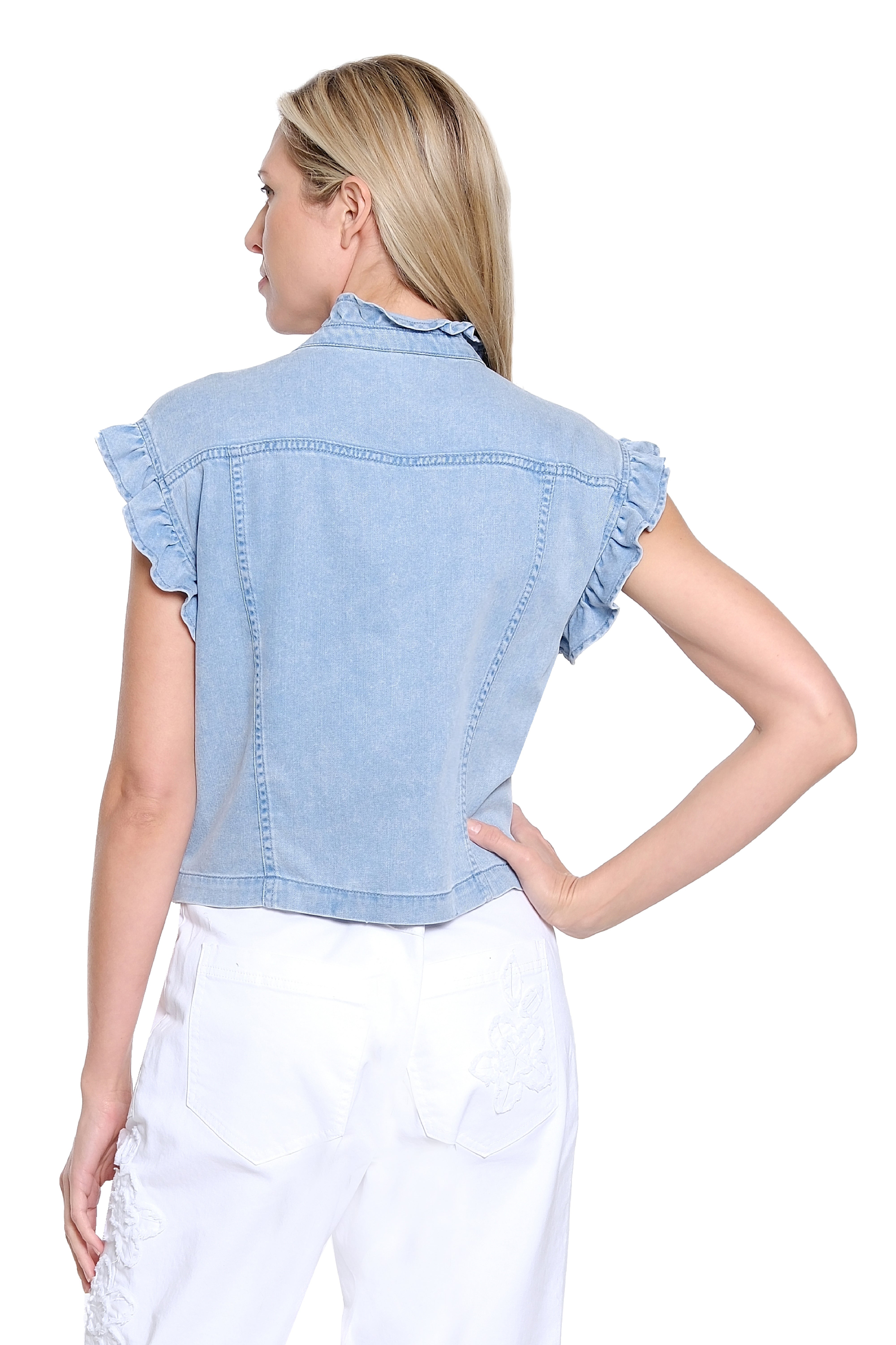 Button Front Denim Top with Ruffle Shoulders - Light Indigo