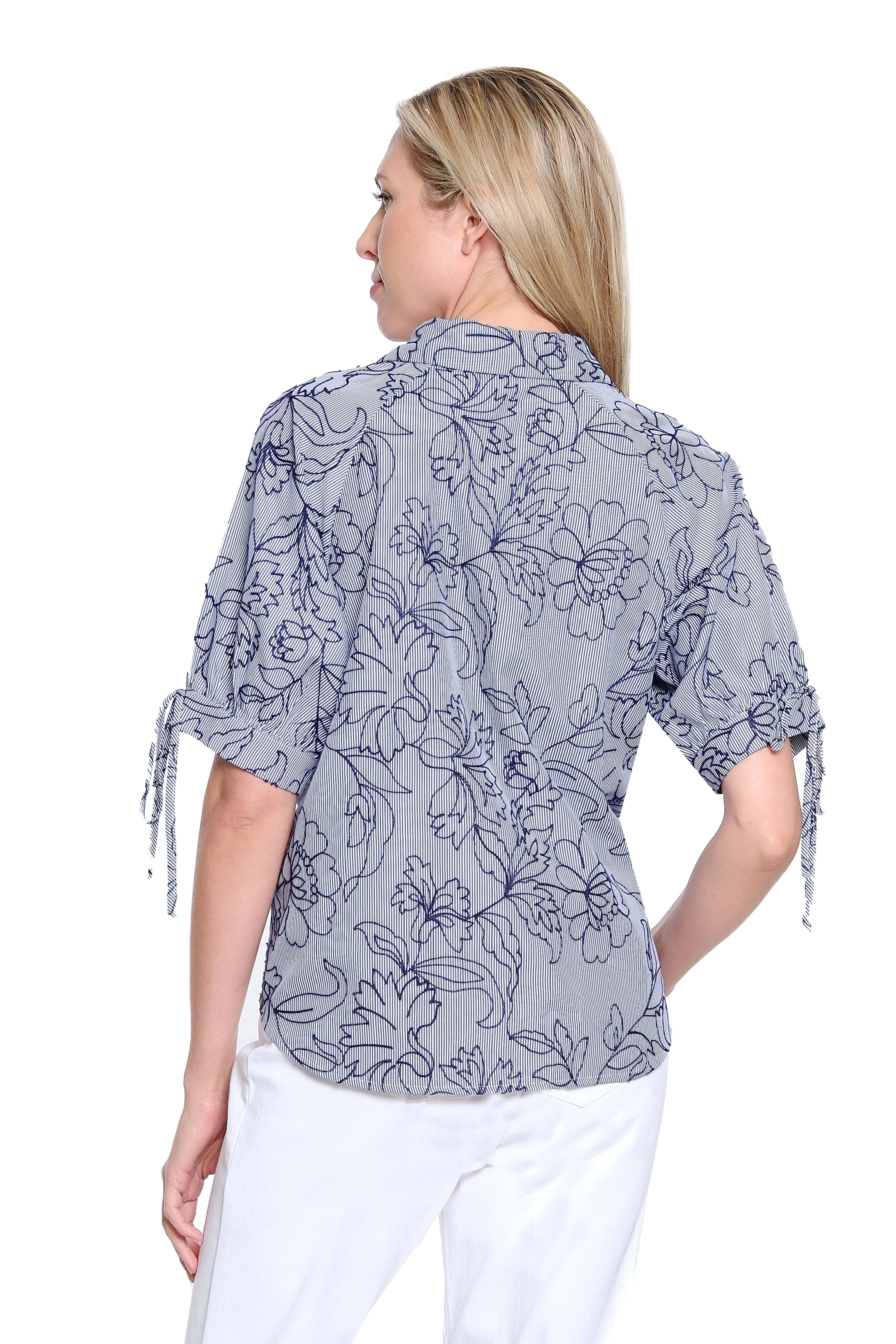Split Neck Pop-Over Top with Tie Sleeves - Navy Stripe