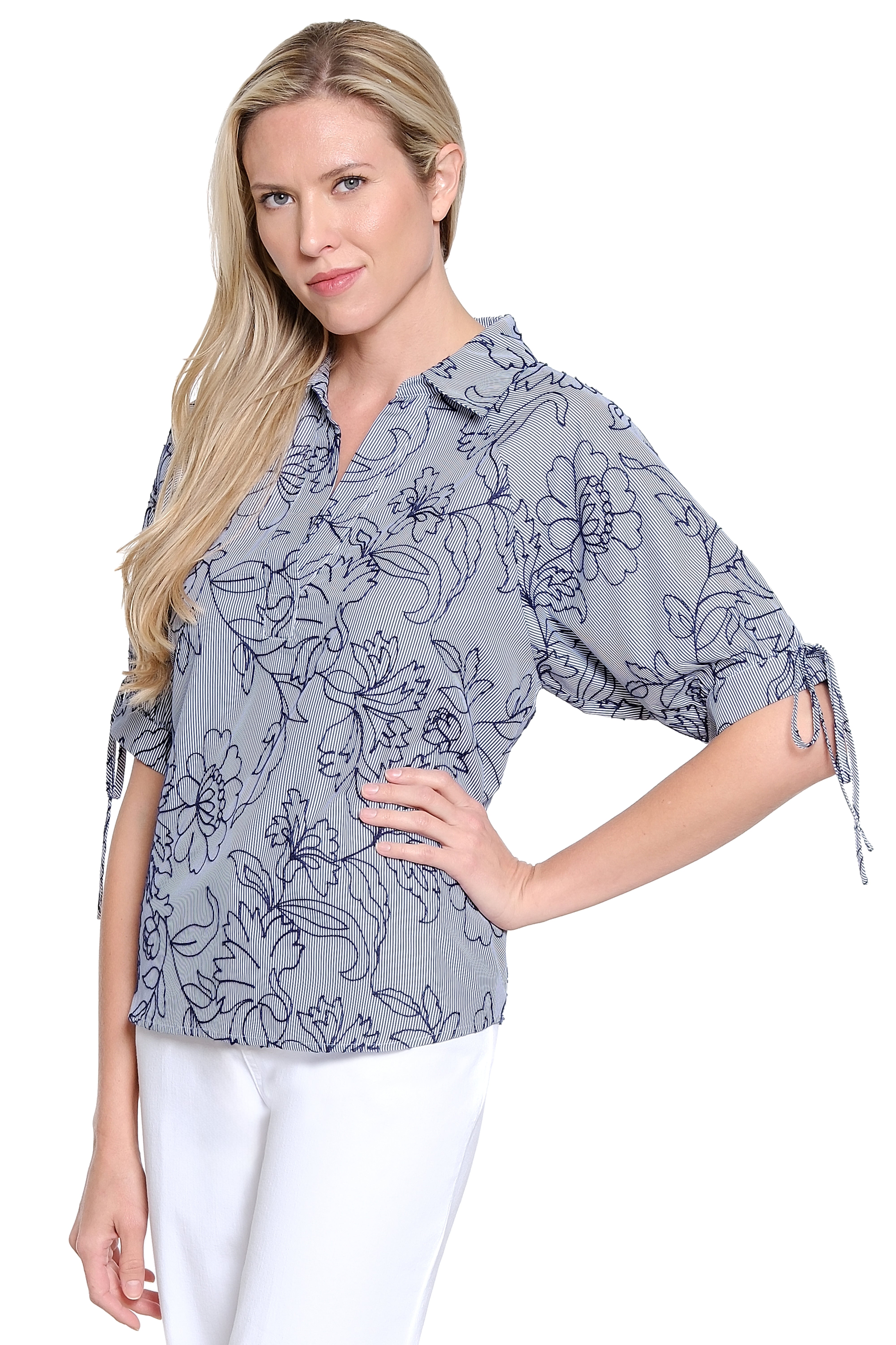 Split Neck Pop-Over Top with Tie Sleeves - Navy Stripe