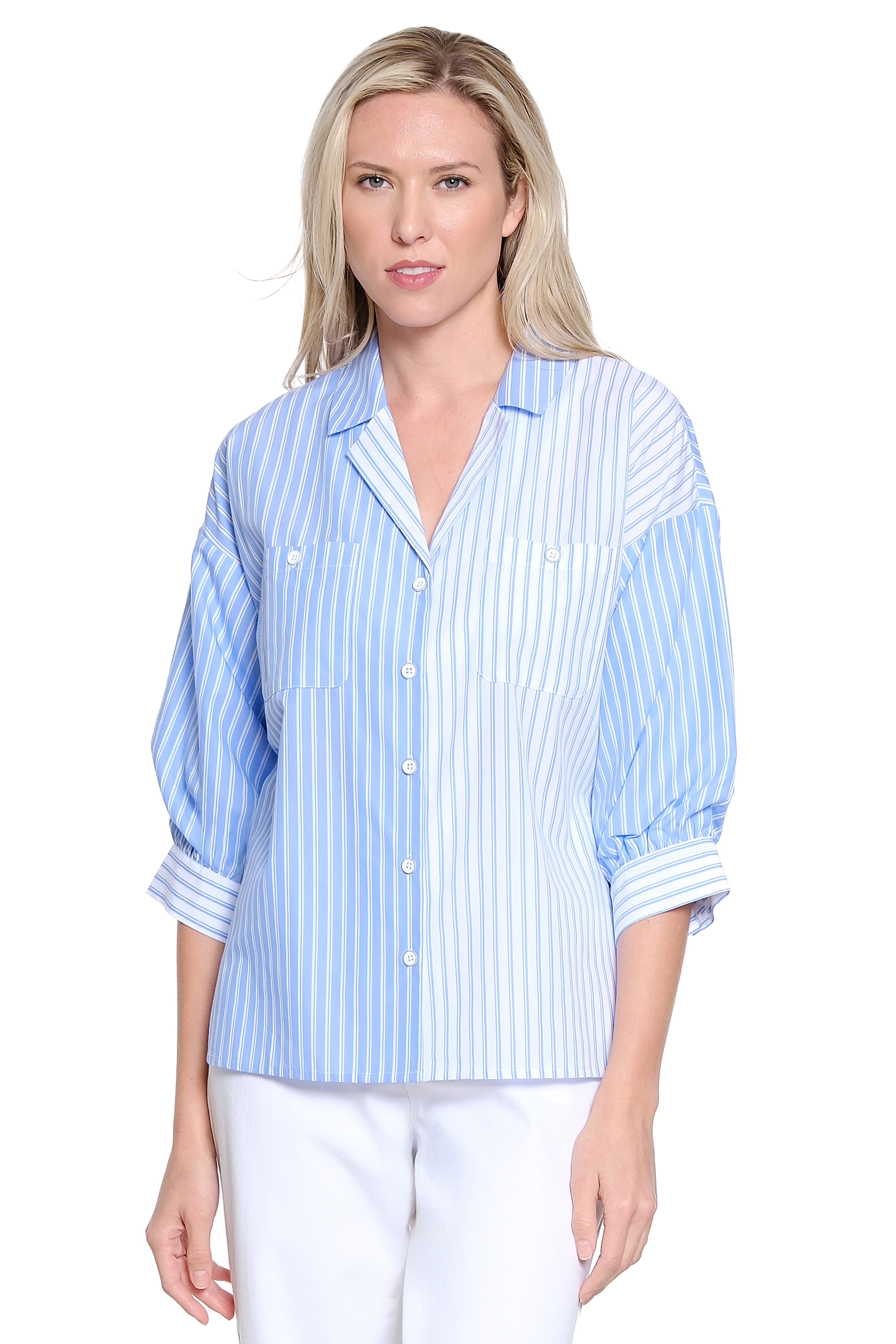 Mixed Stripe Button Up Balloon Sleeve Shirt - Blue Stripe