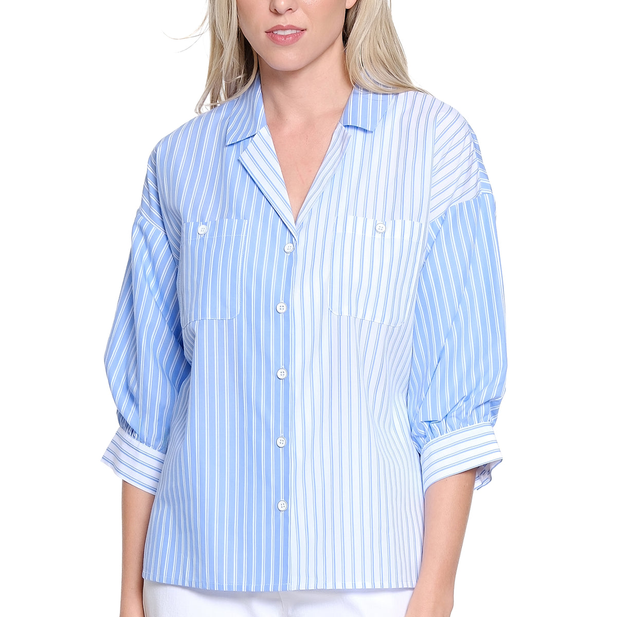 Mixed Stripe Button Up Balloon Sleeve Shirt - Blue Stripe