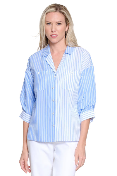 Mixed Stripe Button Up Balloon Sleeve Shirt - Blue Stripe