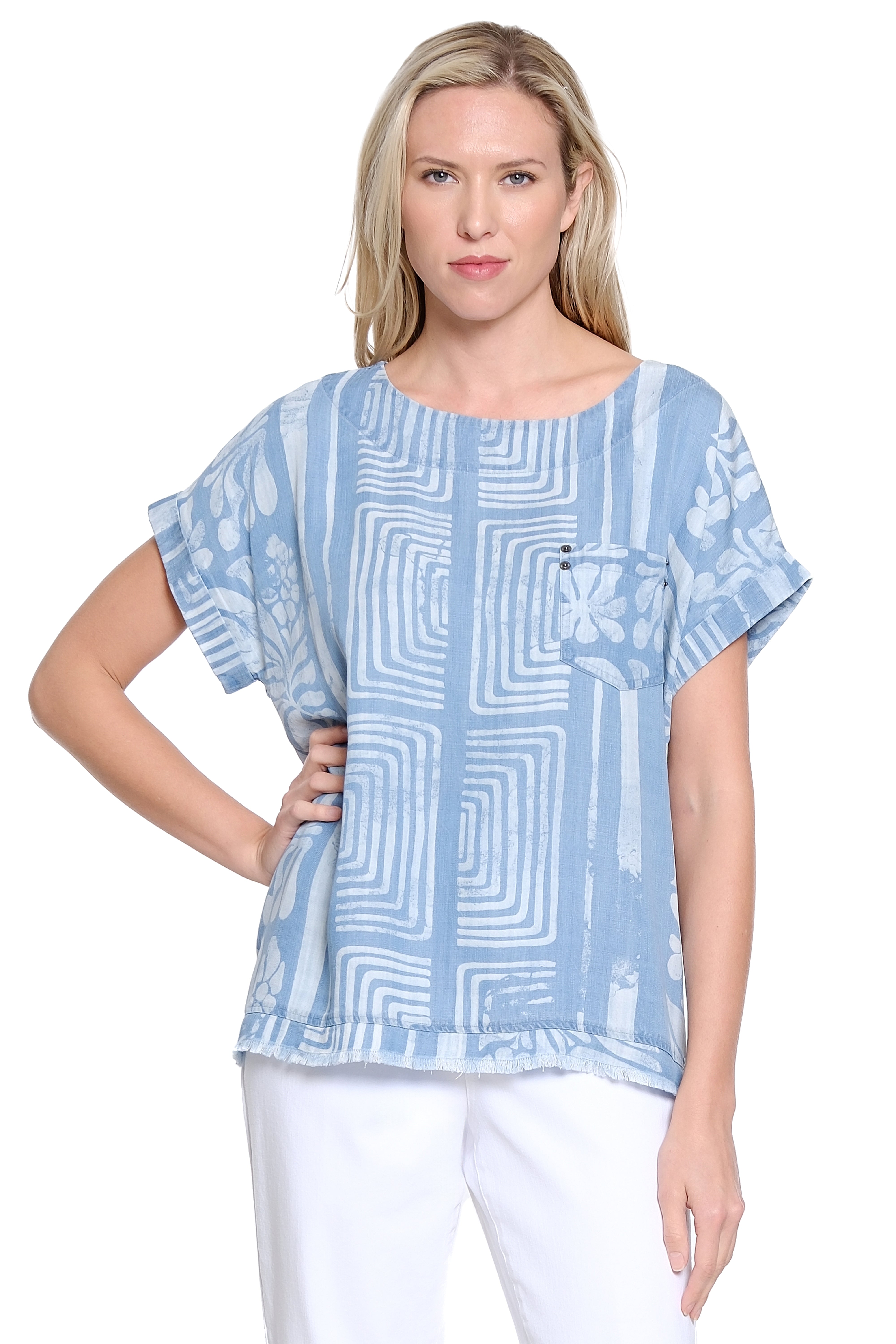 Dolman Sleeve Chambray Laser Print Top - Light Blue