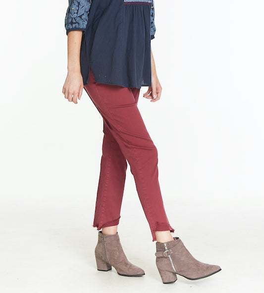 Folded Hem Straight Leg Jean- Burgundy