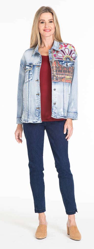 Embroidered and Patch Denim Jacket - Indigo