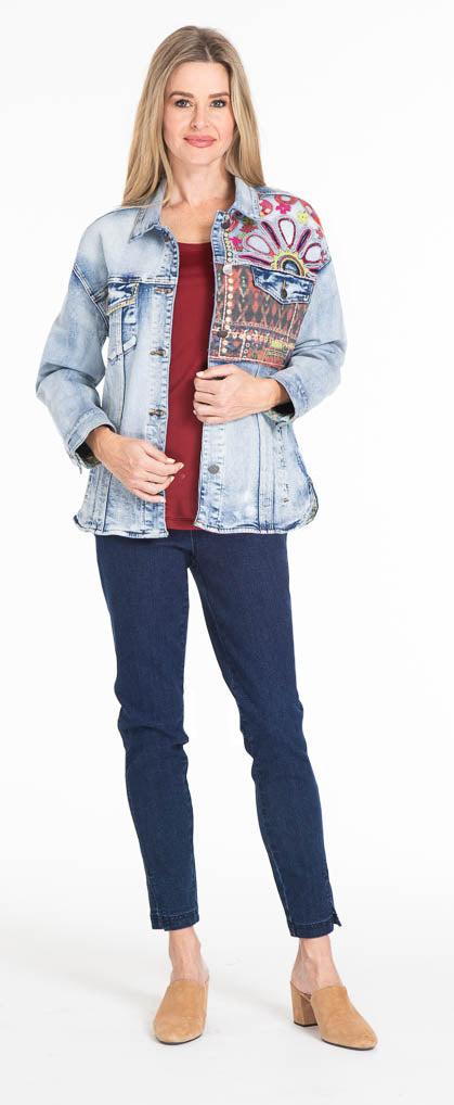 Embroidered and Patch Denim Jacket - Indigo