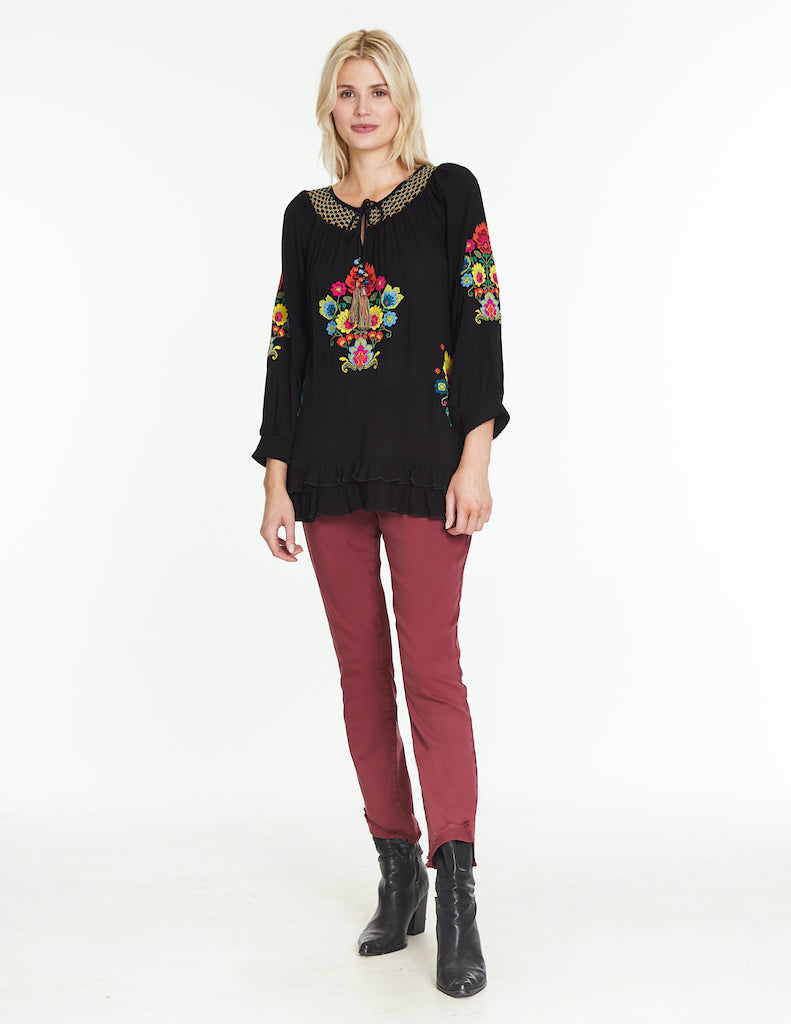 Embroidered Peasant Top- Black