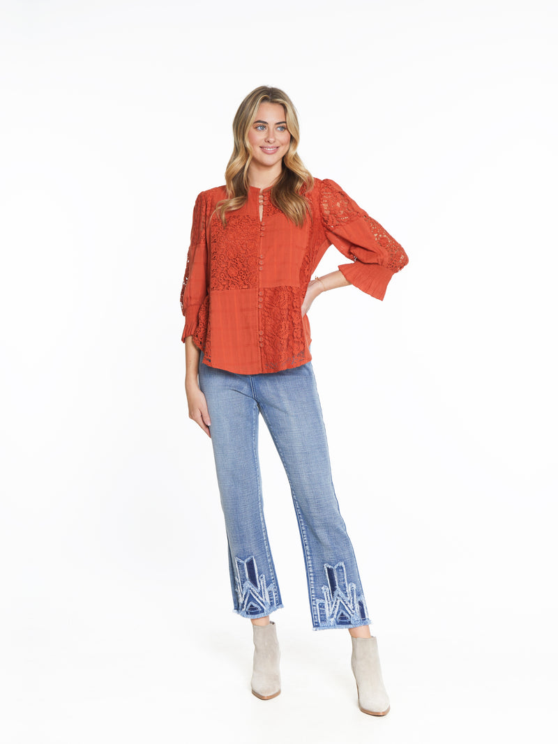 Straight Jean with a Hem Appliqué - Medium Indigo