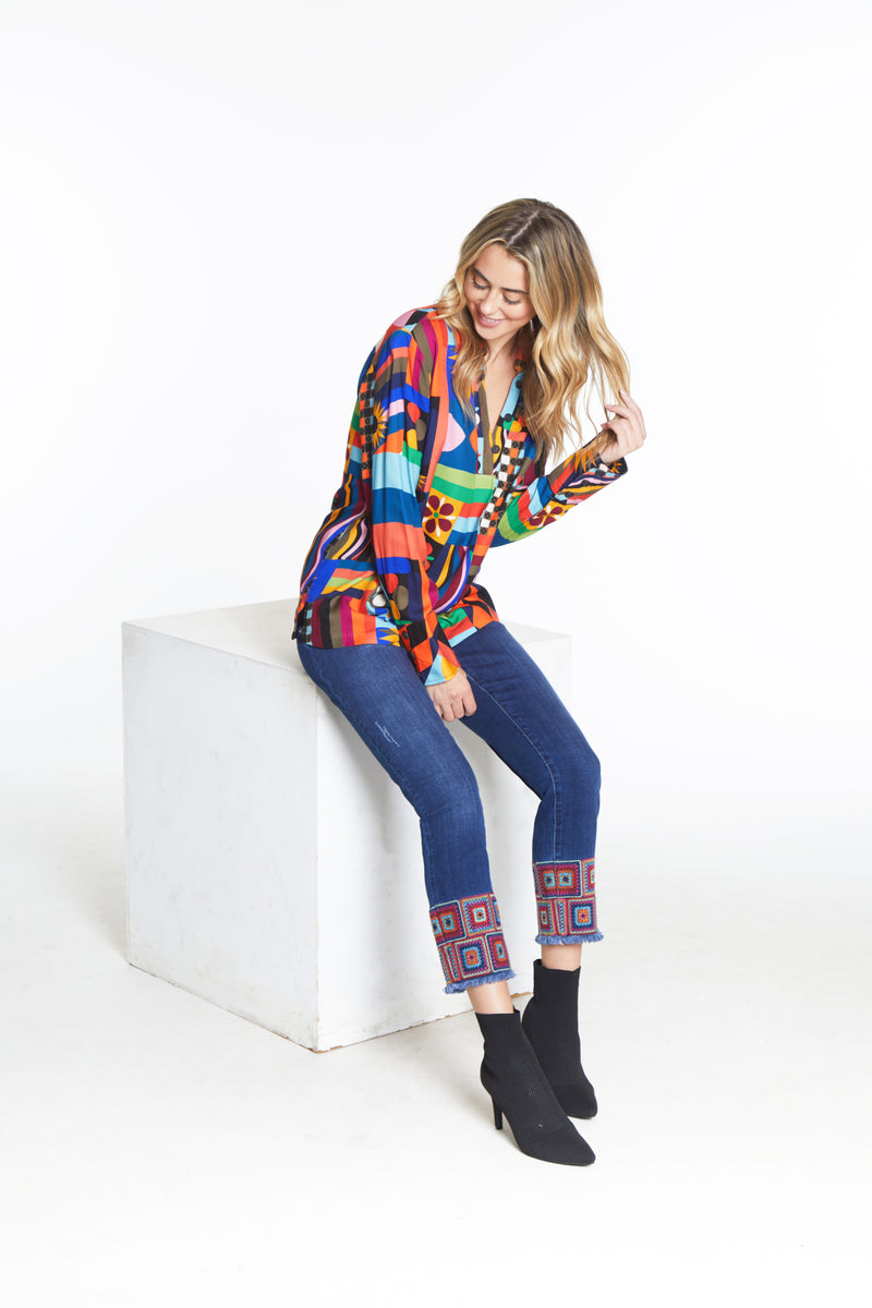 Ankle Jean with Embroidered Hem - Dark Indigo