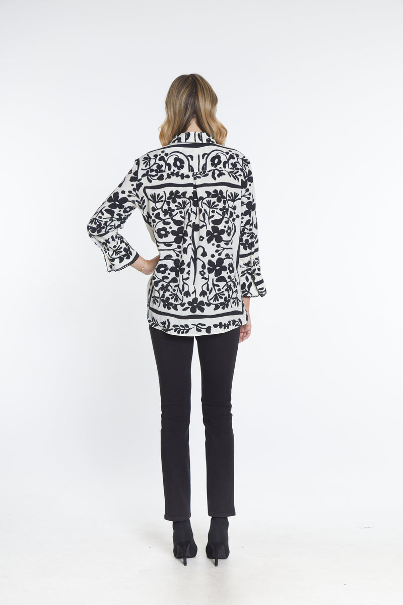 Printed V-Collar Shirt - Black