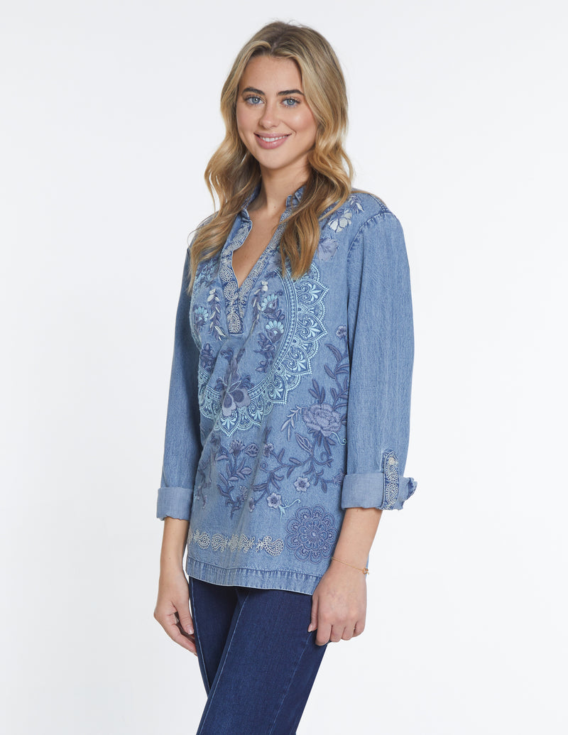 V-Neck Collared Shirt - Blue