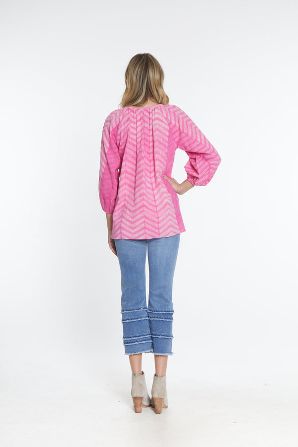 Tie Neck Patchwork Peasant Top - Pink Print