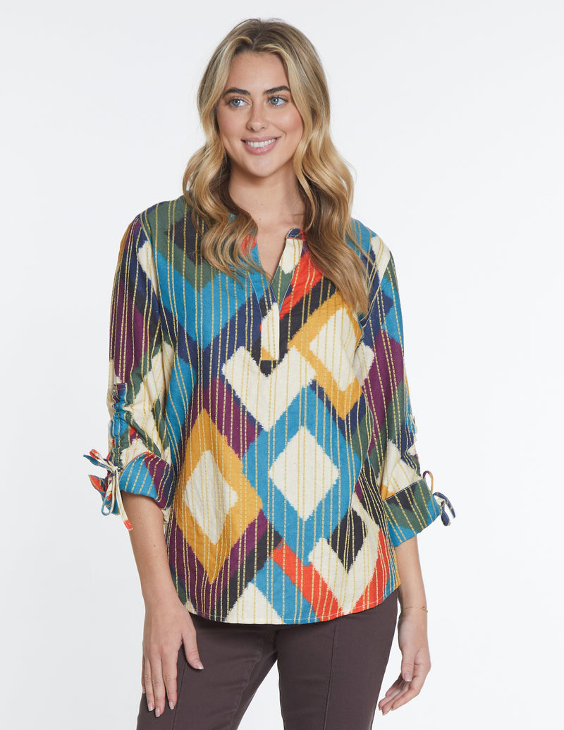 Stitched Print Henley Top - Multi