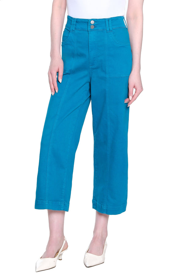 Person wearing teal pants on a white background