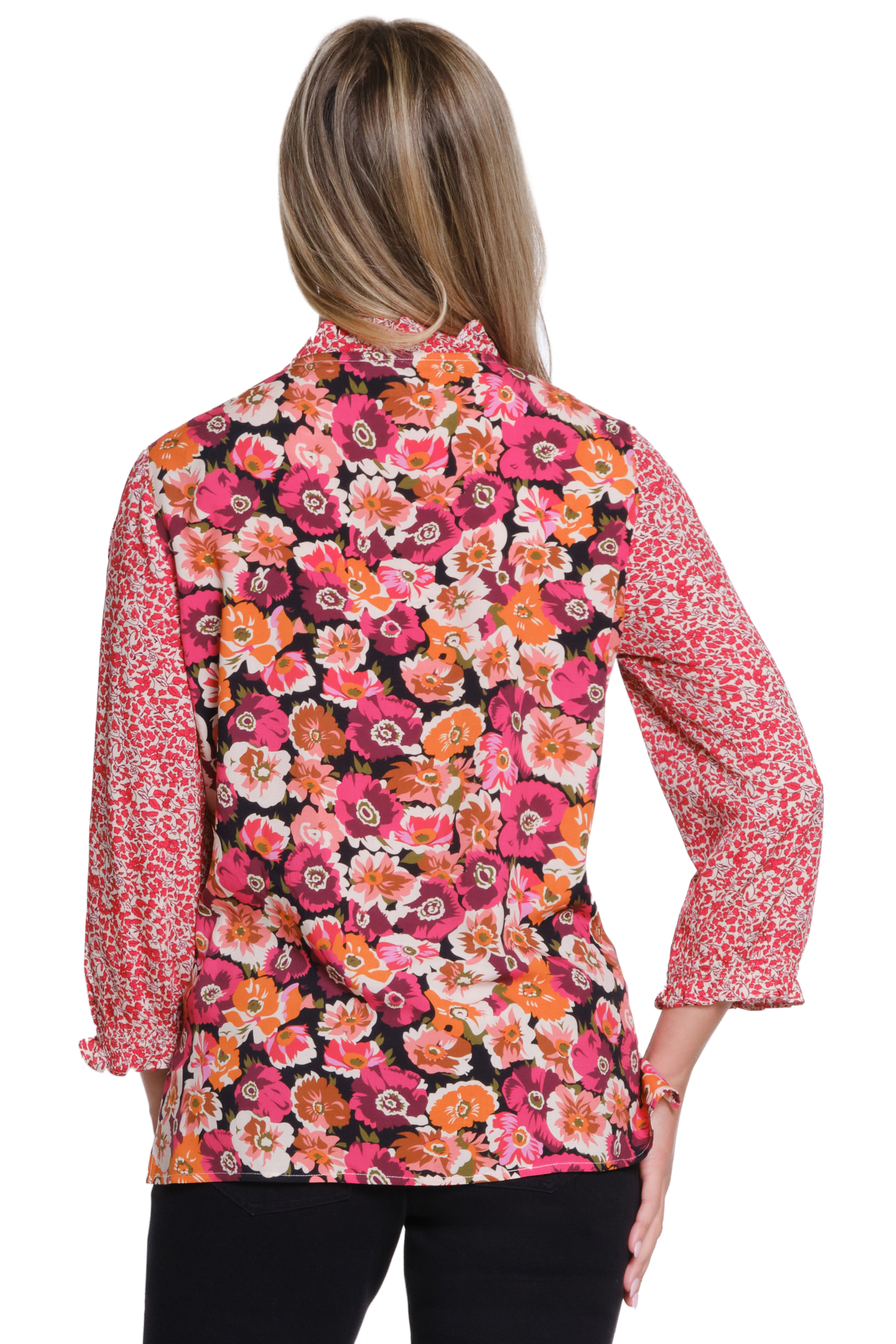 Mixed Print Split Neck Top with Neck Tie - Multi