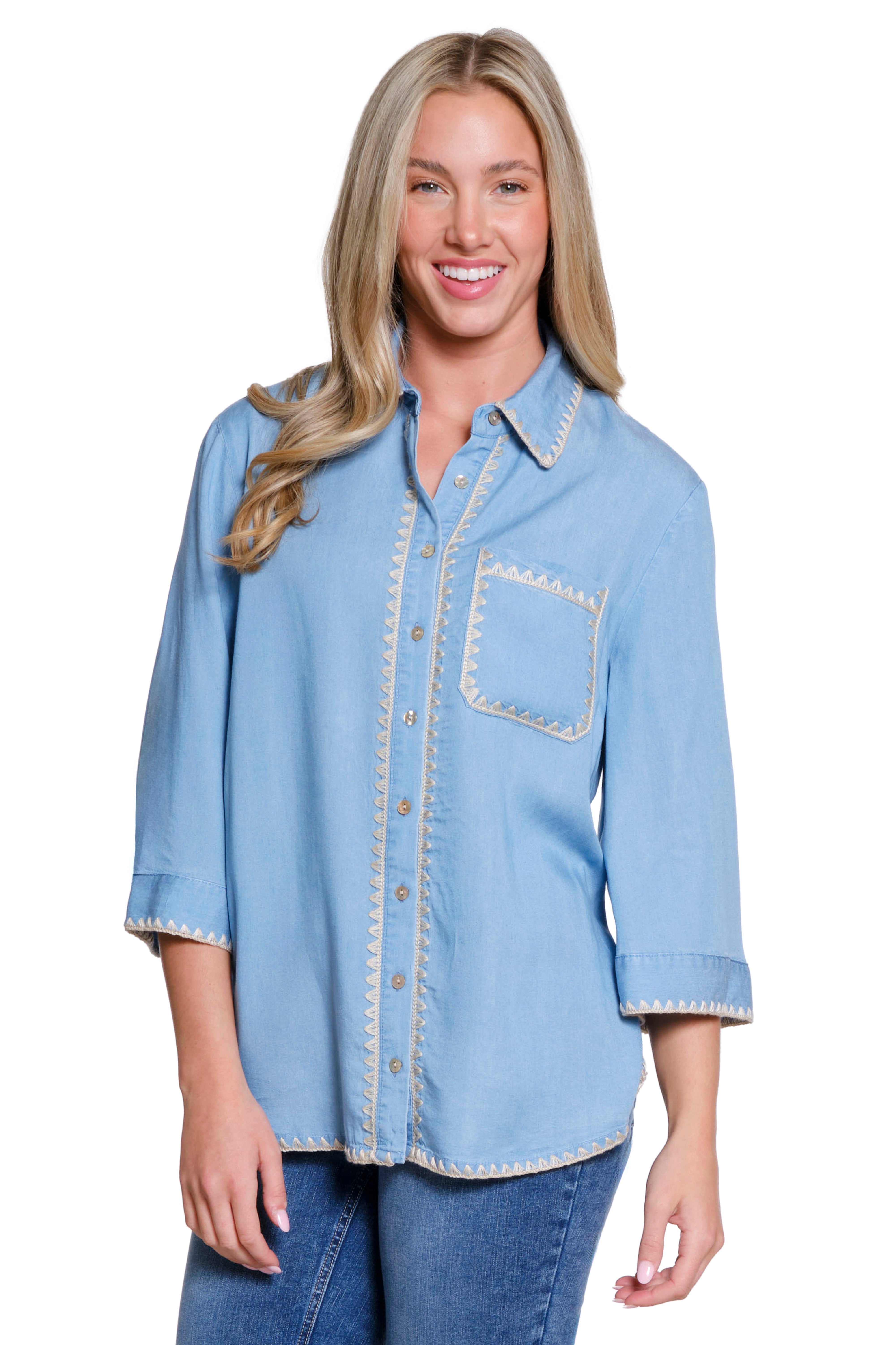 Button-Up Shirt with Crochet Trim - Chambray