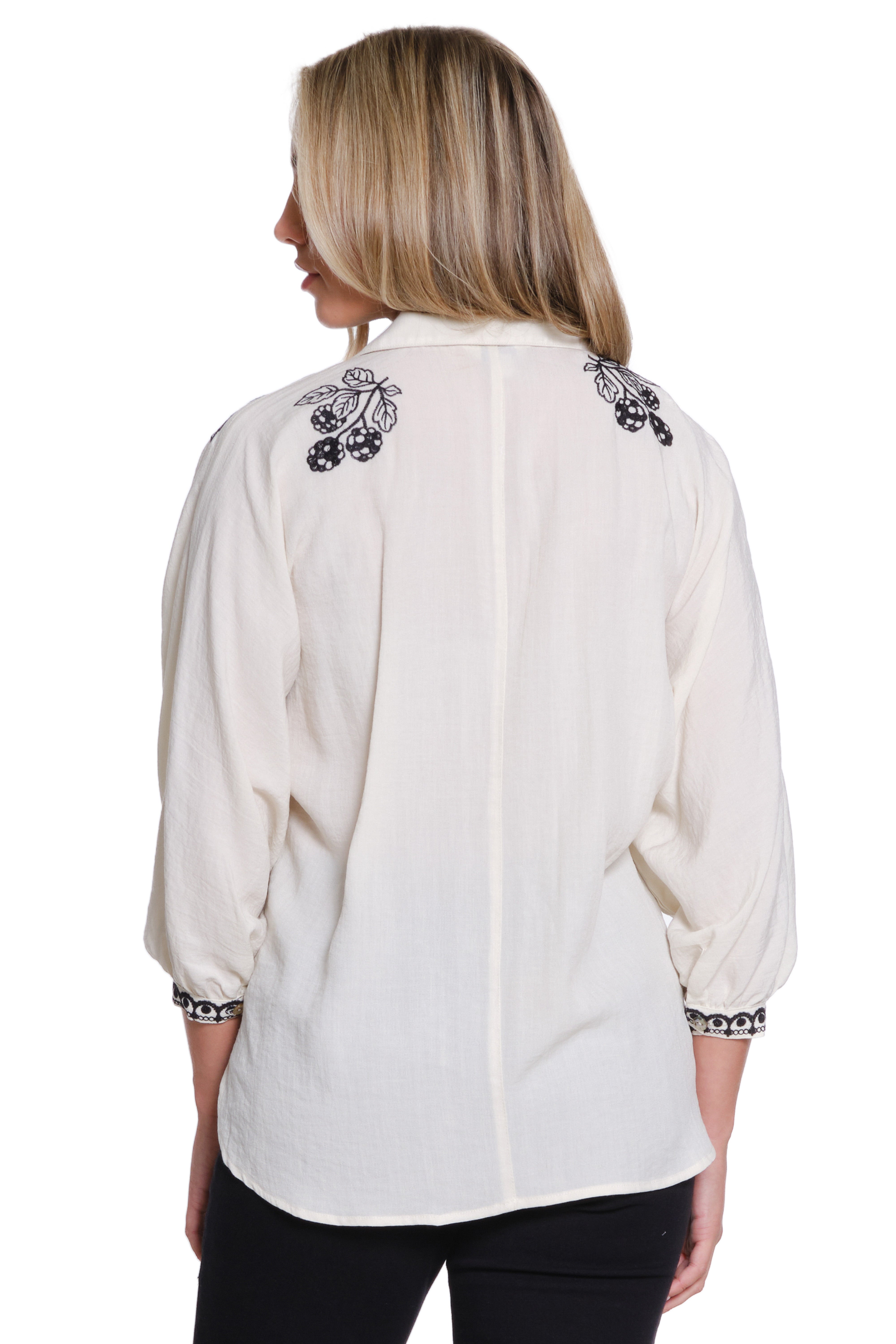 Embroidered Dolman Sleeve Button-Up Shirt - Ivory