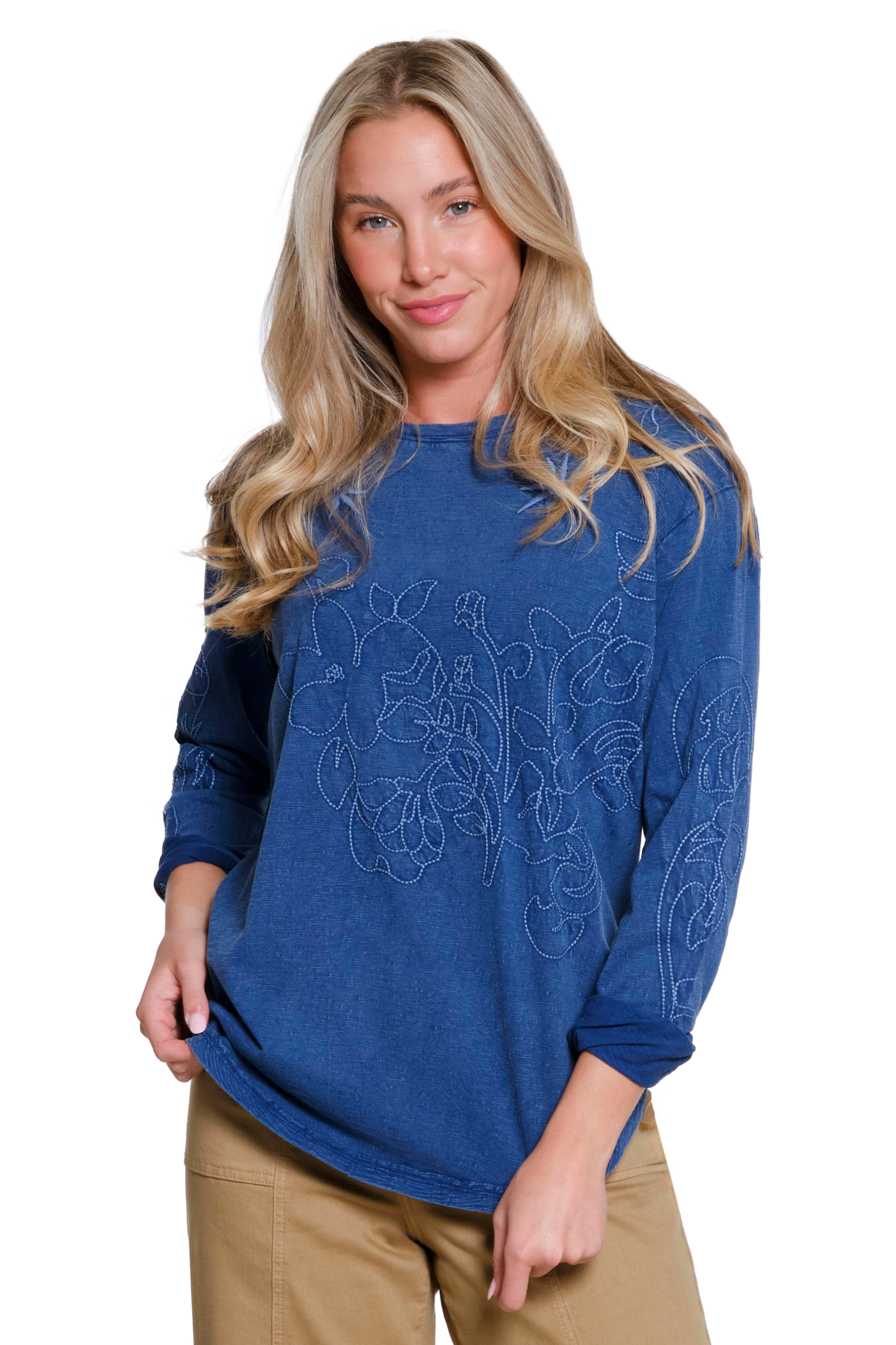 Embroidered Slub Jersey Knit Top - Blue