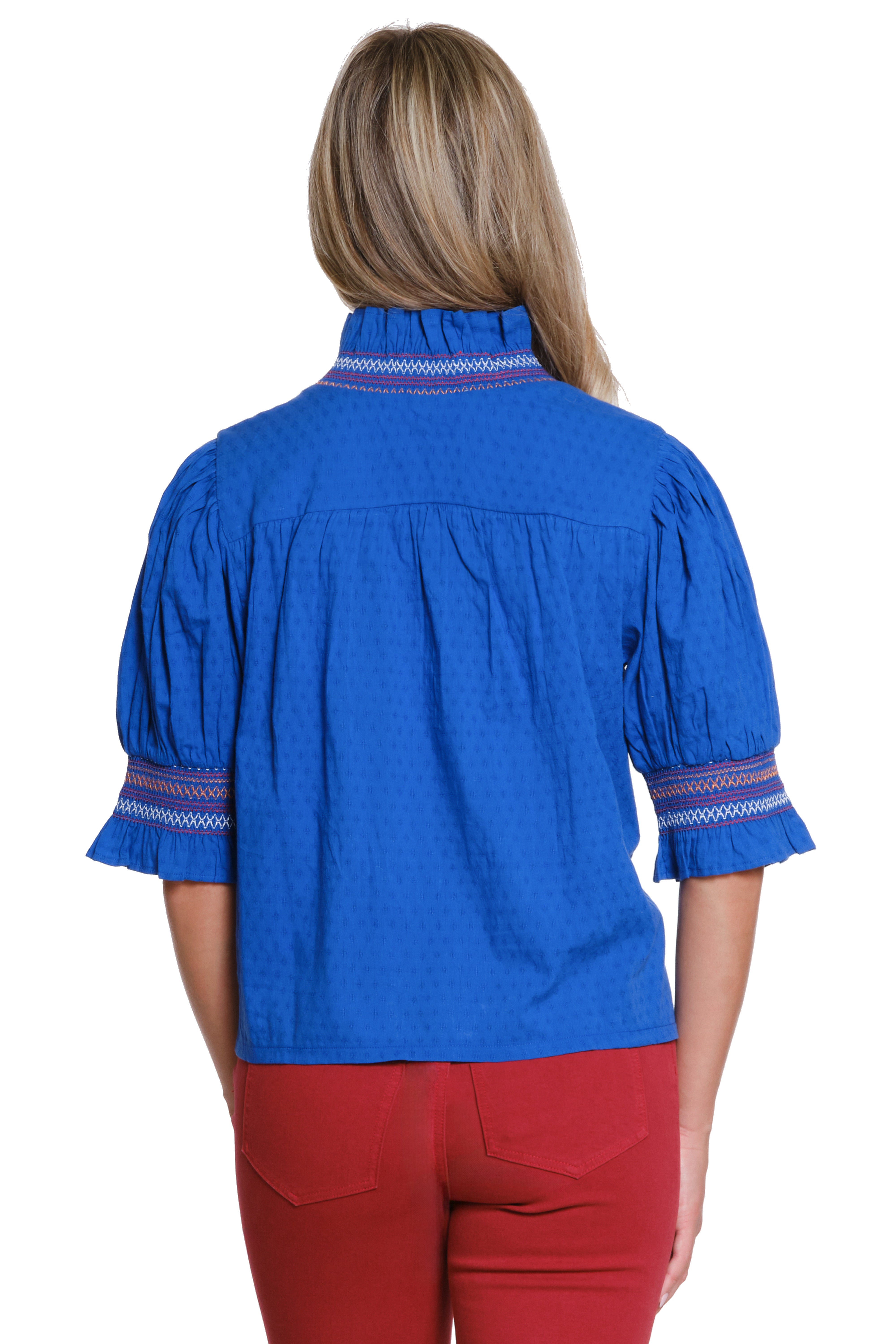 Ruffle Neck Top - Cobalt