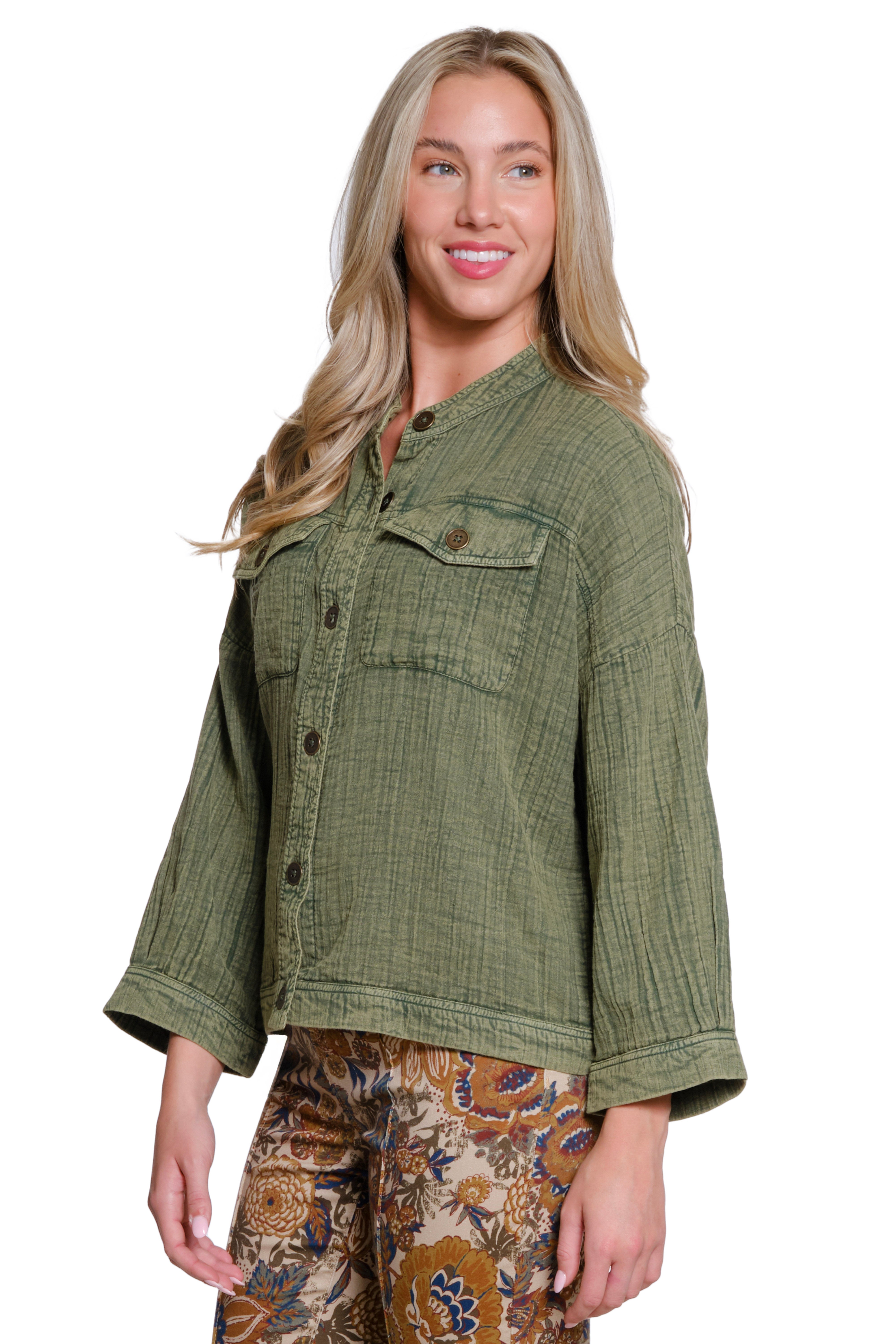 Stand Collar Cotton Jacket – Olive