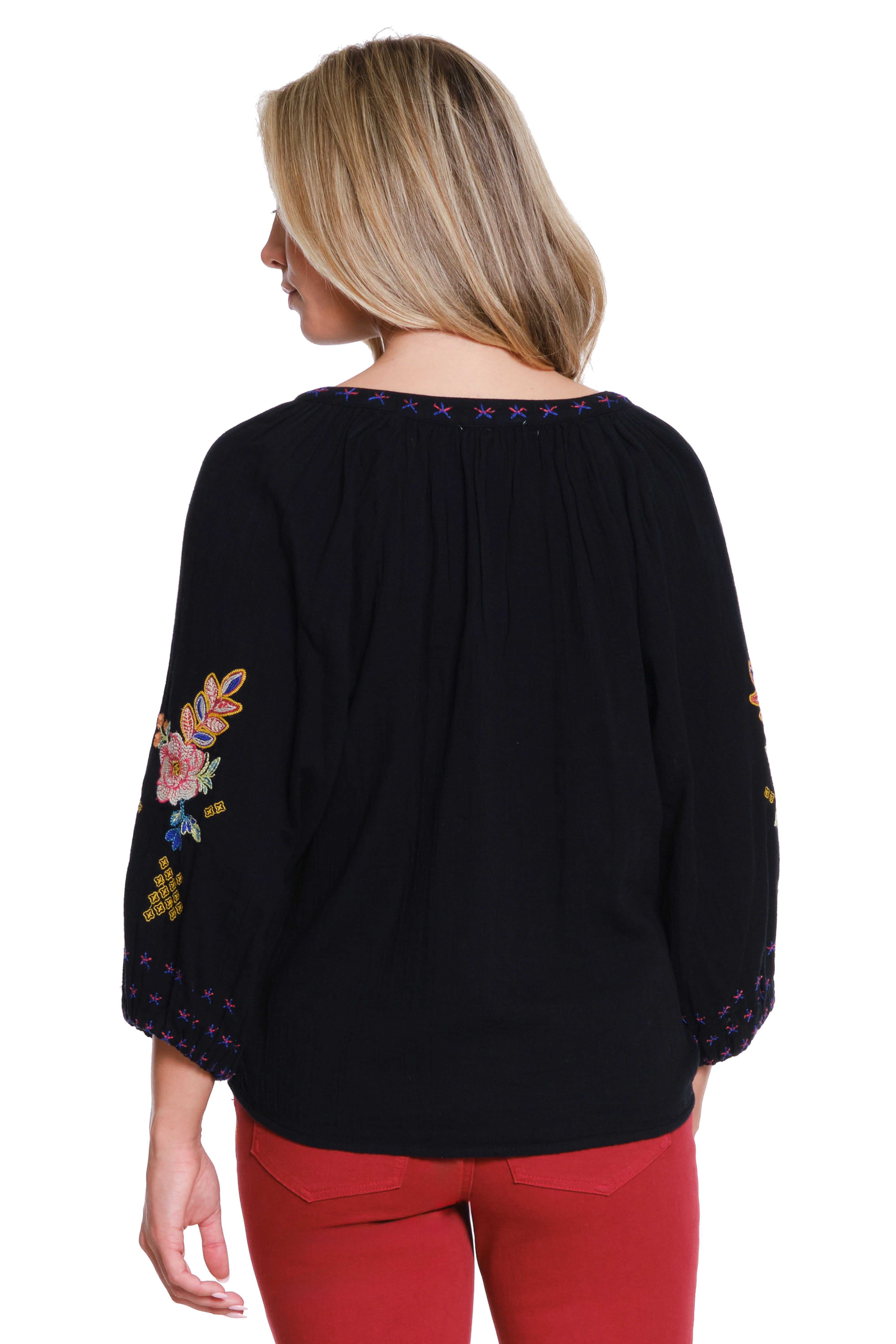 Embroidered Split Neck Top - Black