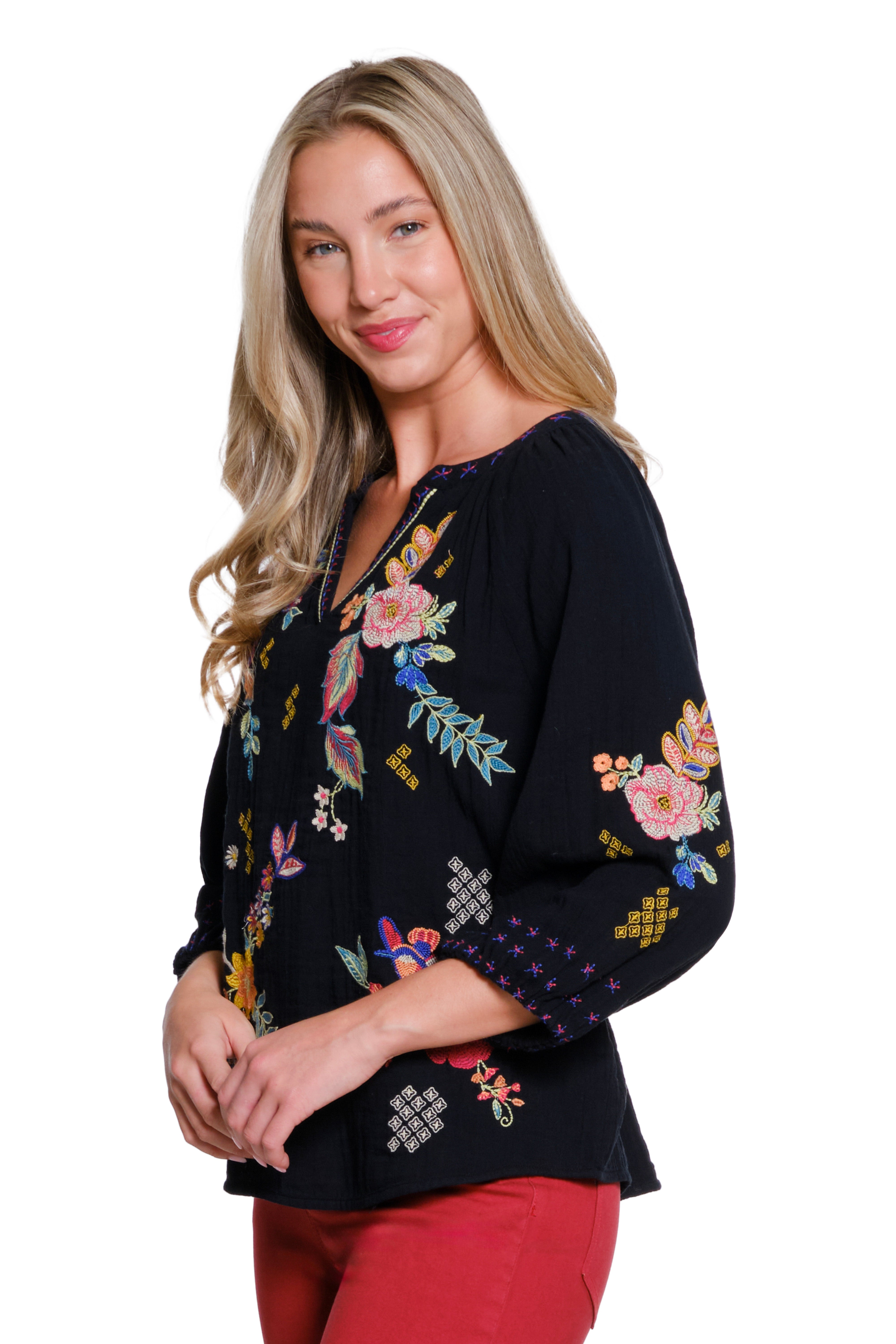 Embroidered Split Neck Top - Black