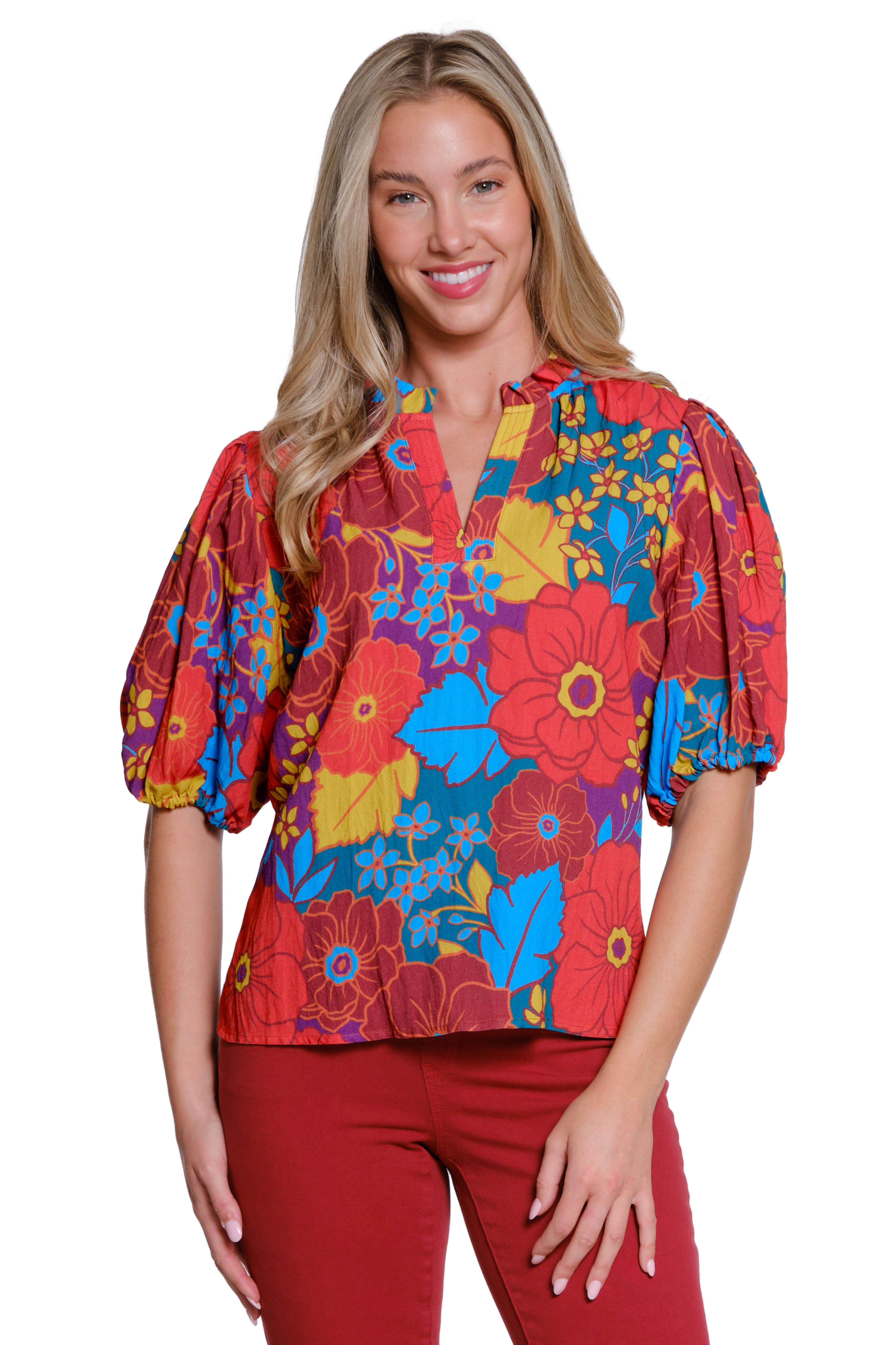 Floral Print Split Neck Top - Multi